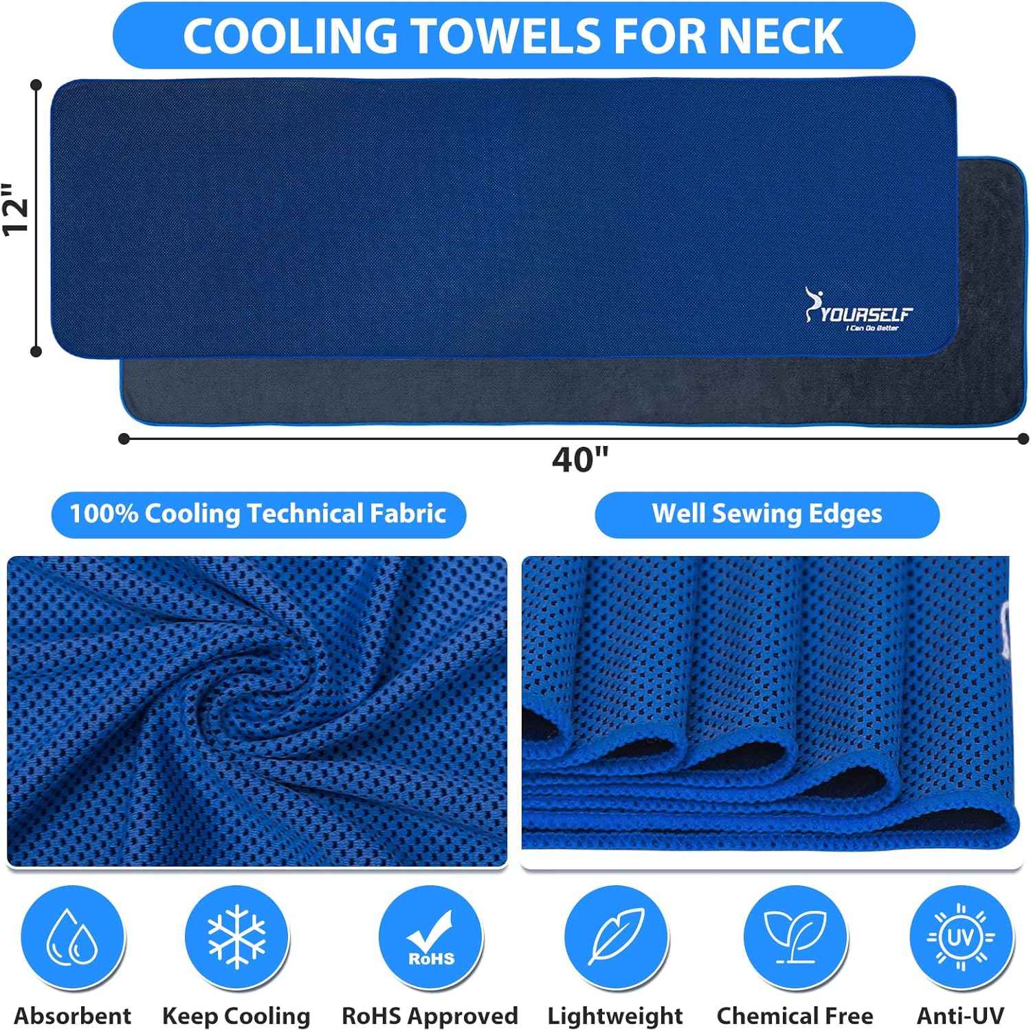 SYOURSELF Cooling Towel for Instant Relief Cool Bowling Fitness Yoga Towel-40 x12 Use as Cooling Neck Headband Bandana Scarf,Stay Cool for Travel Camping Golf Football &Outdoor Sport(Dark Blue)