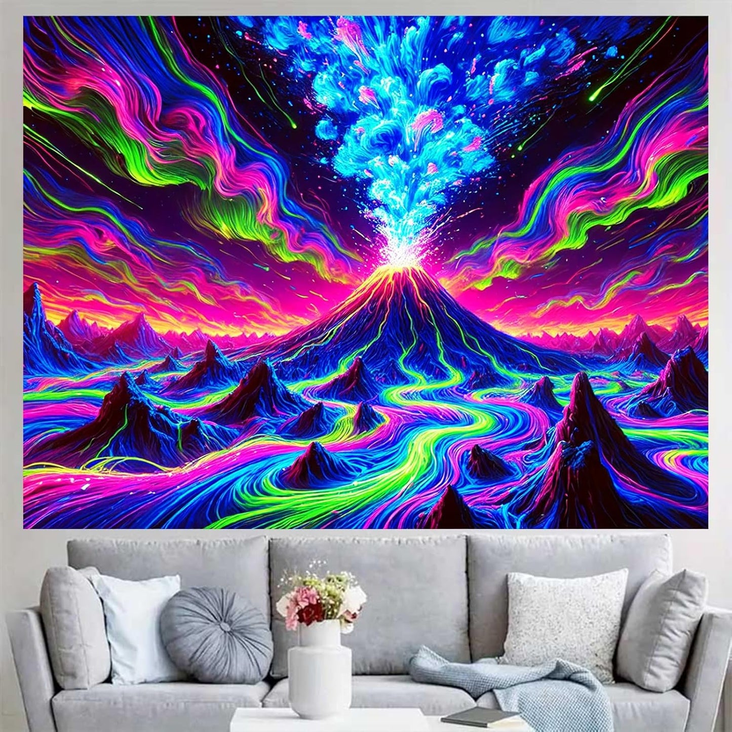 BlissYard Erupting Volcano Stream UV Black Light Tapestry 78x59 Inches Art Color Neon Light Background Bedroom Living Room Wall Party Decoration Psychedelic Lava Mountain Sky Flow Fantasy Scene