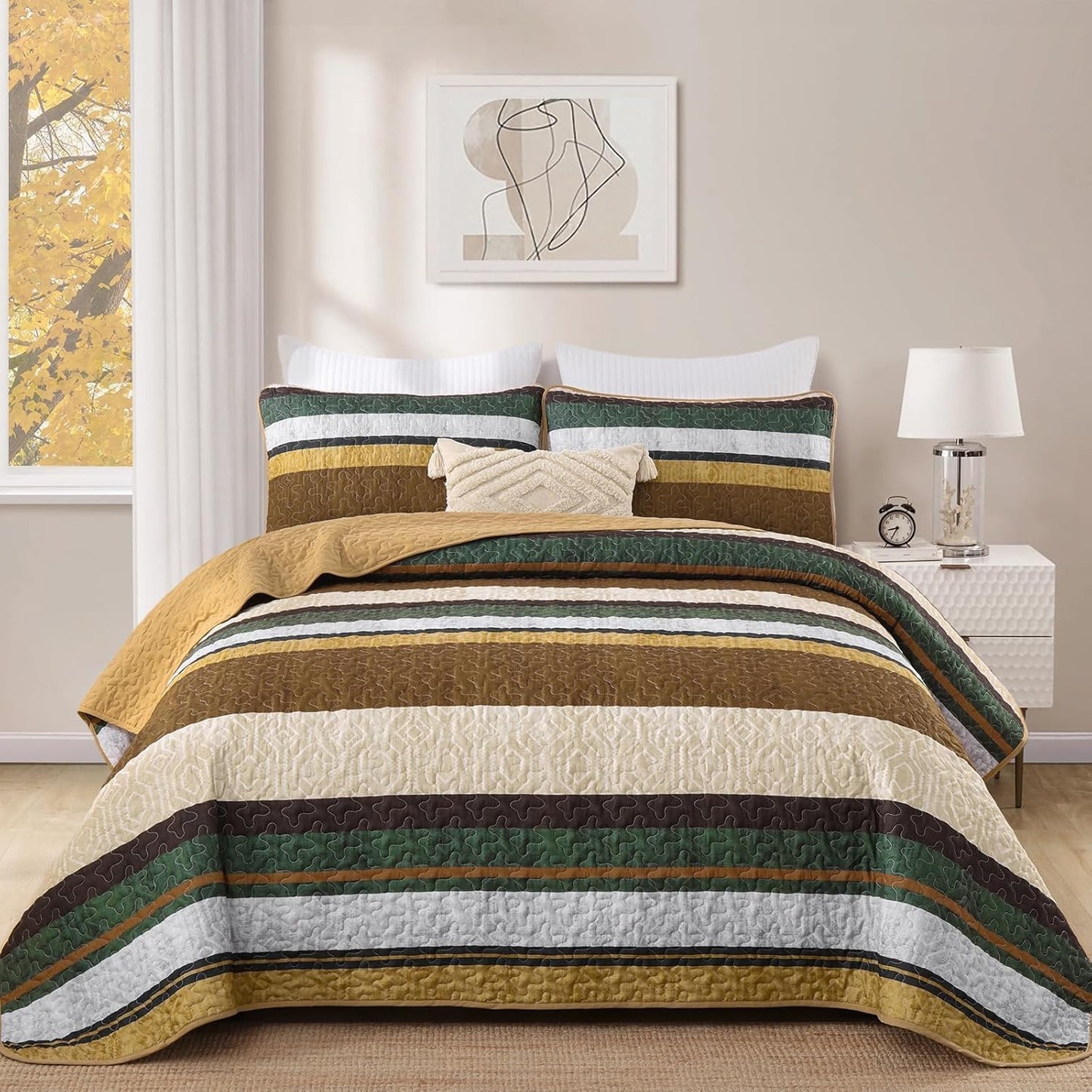 Dobuyly Brown Quilt King Size Set, Boho Fall Bedspread, Striped Bedding Sets 3 Pieces, Lightweight Soft Coverlet Bed Sets with 2 Pillow Shams 110"x90"