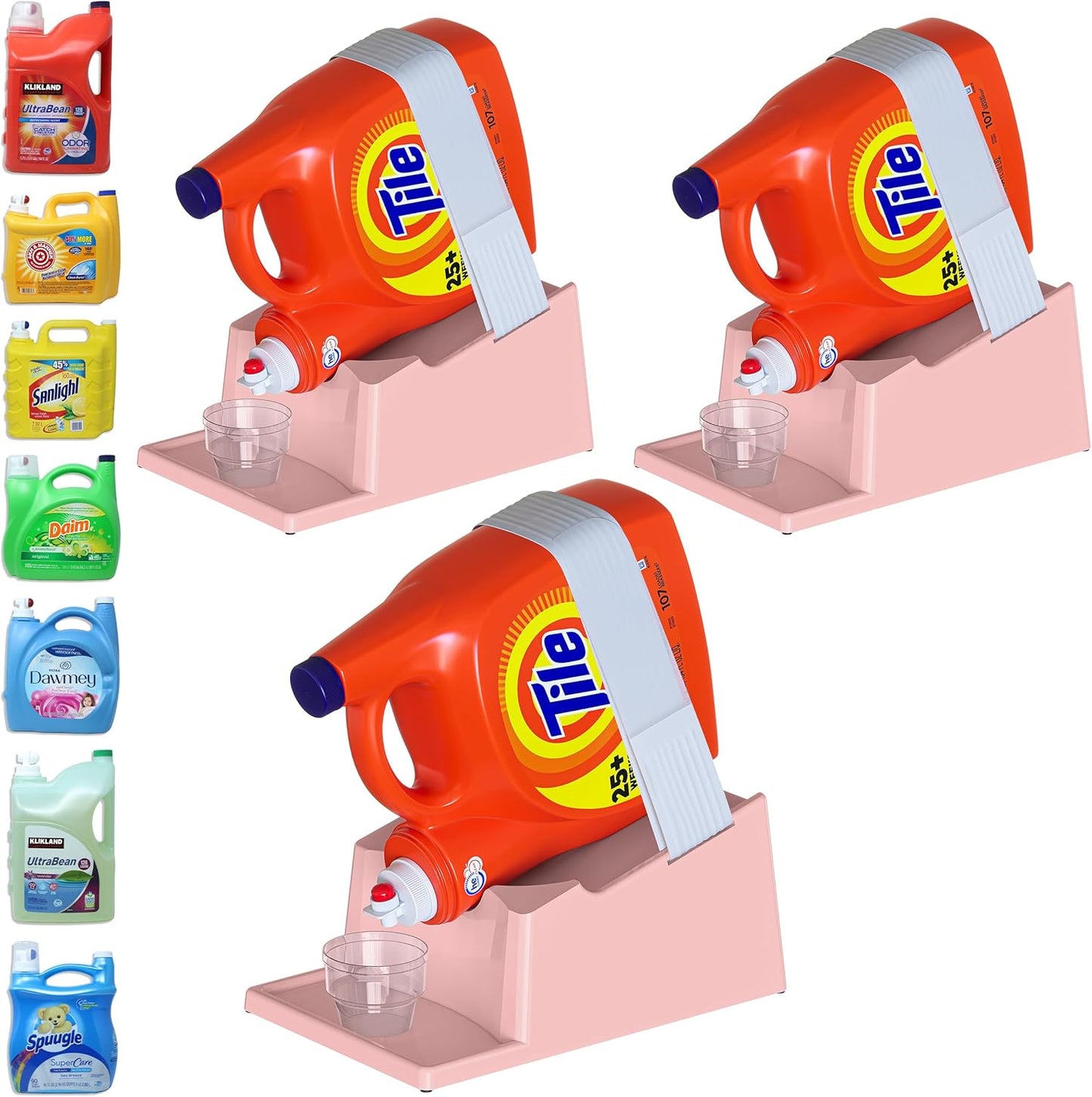 TidyFriend Laundry Detergent Holder Stand Organizer with Drip Tray, 3 Pack Laundry Soap Holder with Non-Slip Rubber Feet for Washing Space Organization, Angled Downward Slope for Easy Pouring (Rose)