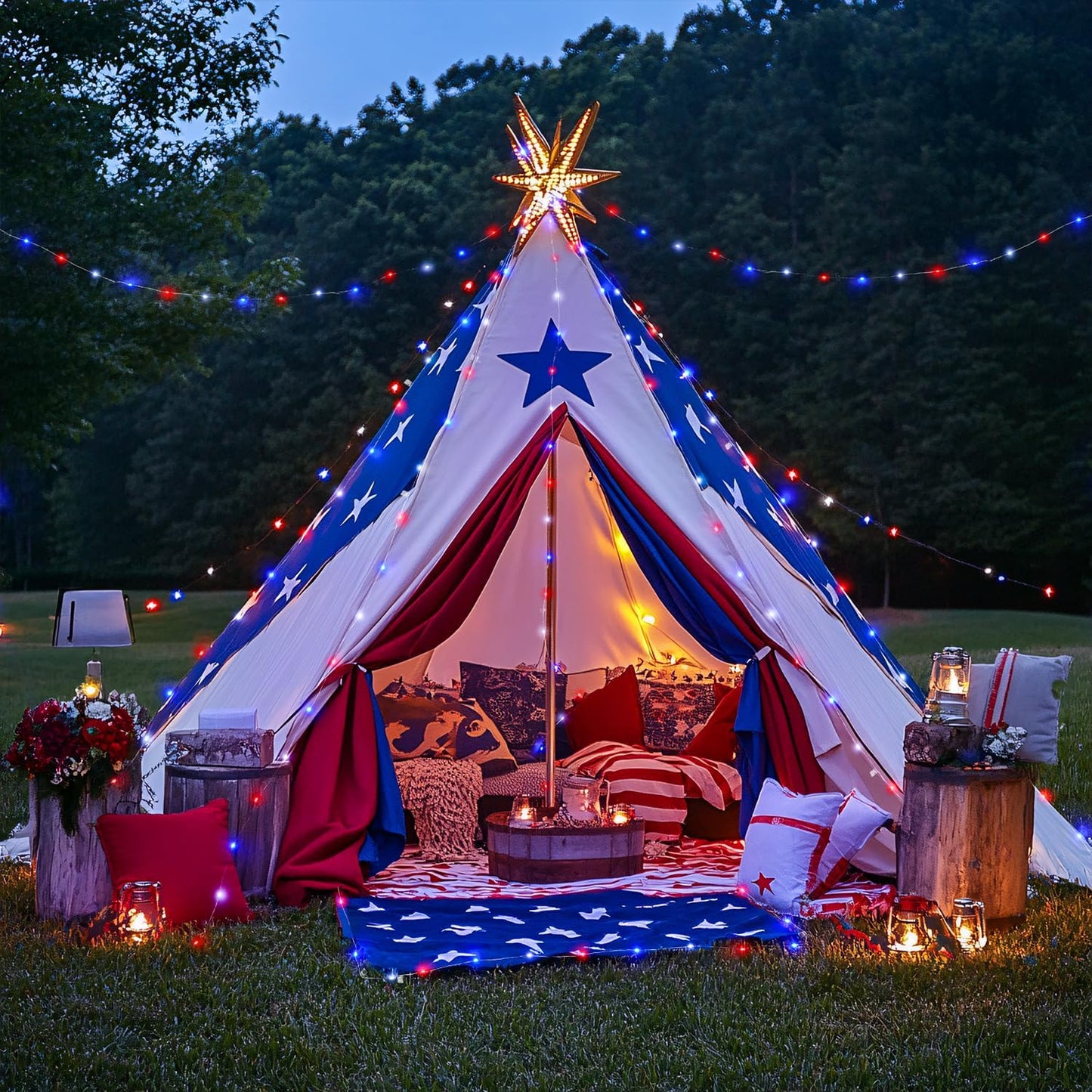 JMEXSUSS 2 Pack Red White and Blue Solar Lights, Each 100 LED 33FT Solar Fairy Lights Outdoor Waterproof, 4th of July Solar String Lights for Independence Day Outside Decorations