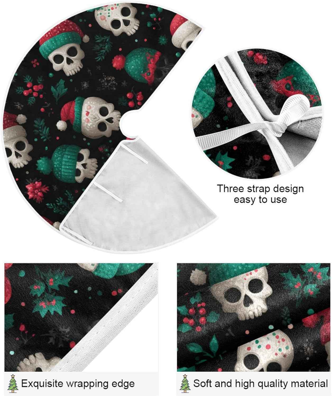 Skulls Christmas Tree Skirt Seasonal Tree Mat Holiday Party Supplies Ornaments Indoor Outdoor Decorations for Tabletop Trees 35.4 Inches