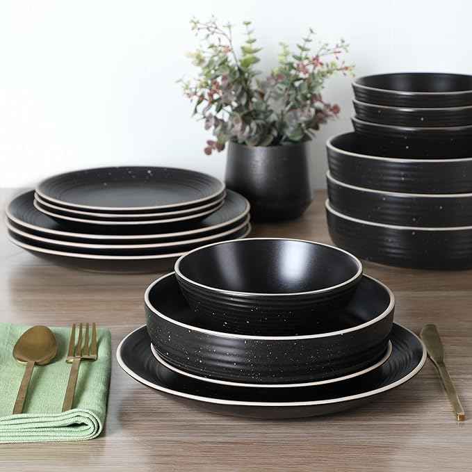 Gibson Home Dinah 16-Piece Matte Black Stoneware Dinnerware Set – Double Bowl, Embossed Speckled Design, Durable Kitchen Dinner Set
