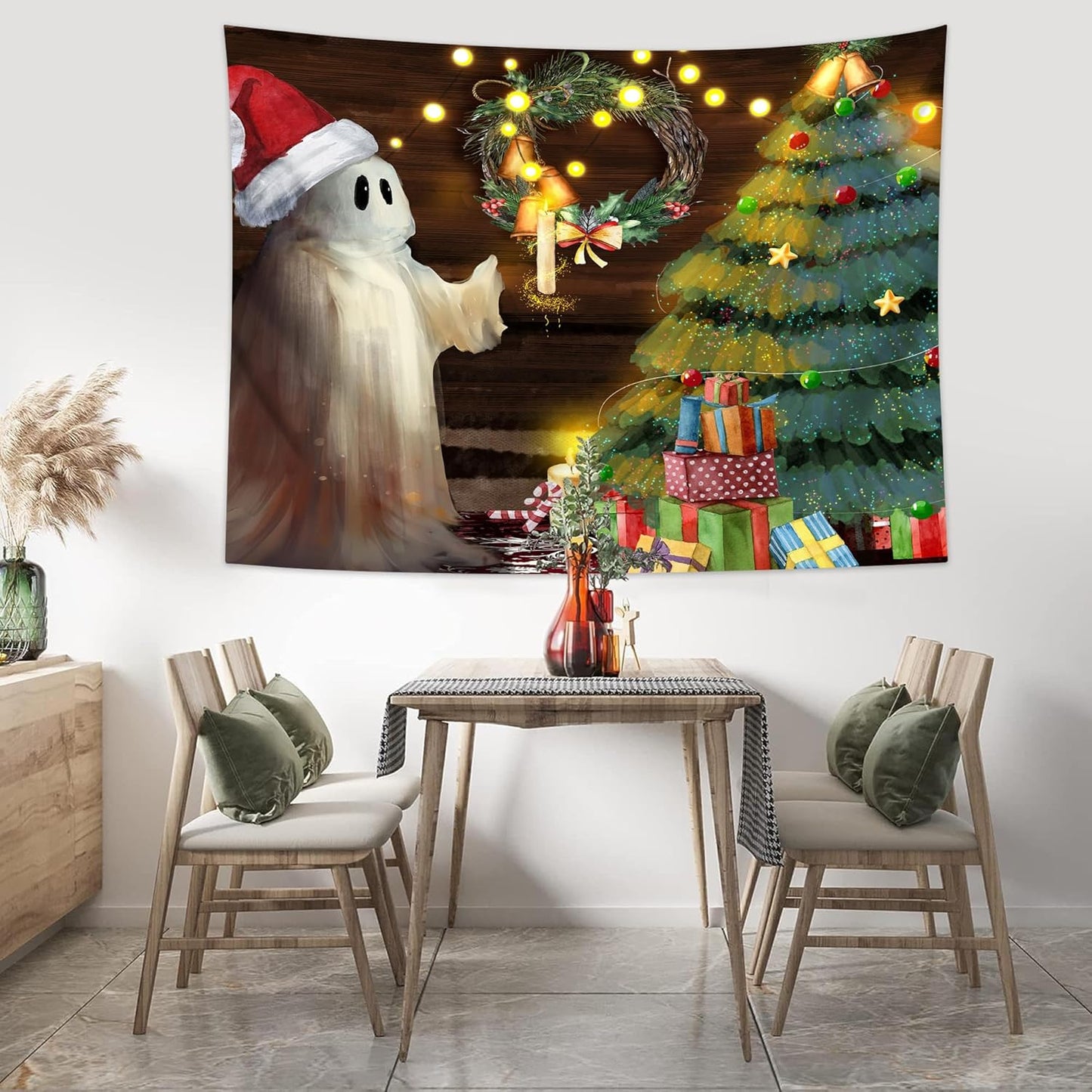 QGHOT Christmas Tapestry Wall Hanging Christmas Tree Backdrop Cute Ghost Wall Decor Xmas Holiday Tapestries for Kids Bedroom Living Room Dorm Party Decoration, Extra Large