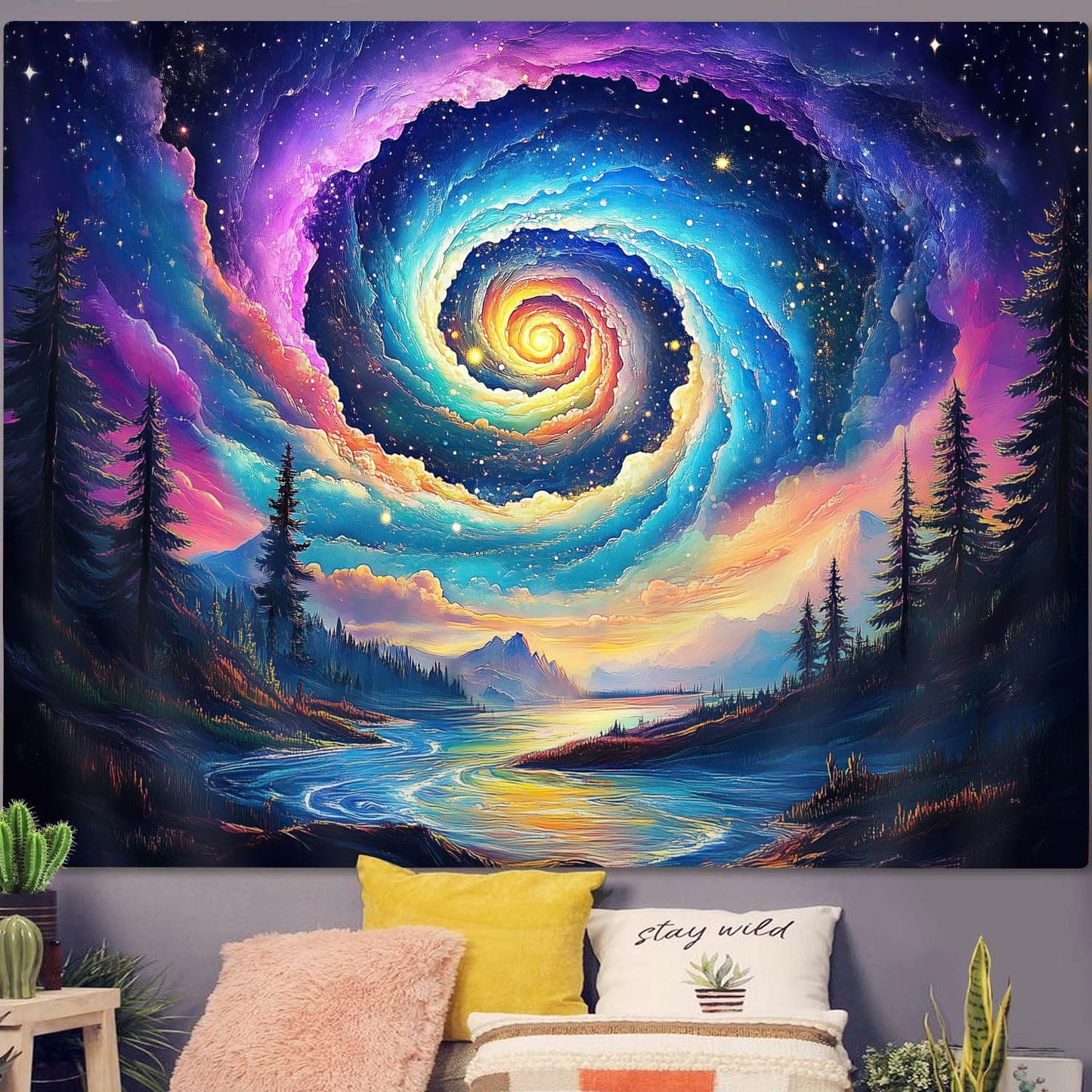 Galaxy Space Tapestry, Cool Colorful Trippy Forest Mountain River Aesthetic Tapestries, Psychedelic Starry Sky Swirls Misty Fantasy Landscape Tapestry Wall Hanging College Bedroom for Guys Men 60X40