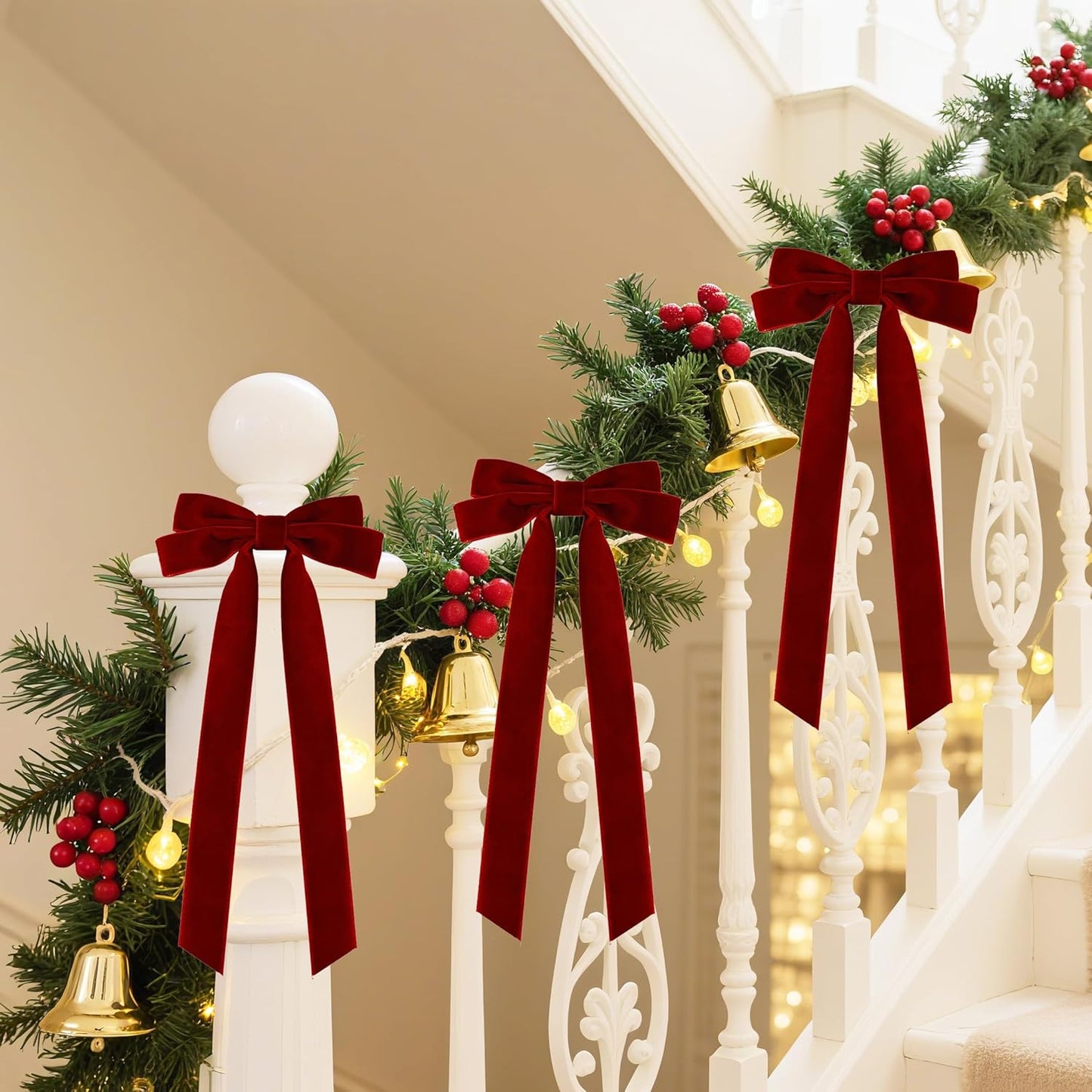 Senjie Velvet Large Christmas Bows for Staircase Garland Wreath, 20in x 8in Vintage Ribbon Bows with Twist Tie for Xmas Tree Holiday Indoor Outdoor Decorations (6Pcs, Burgundy)