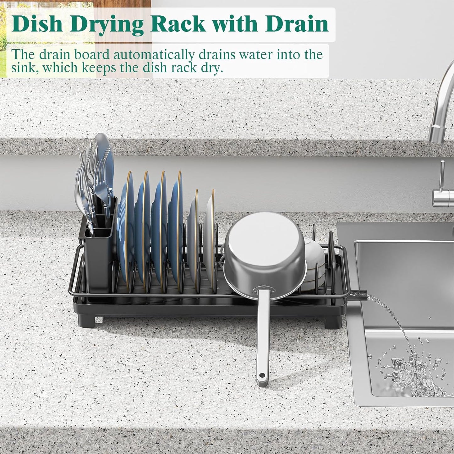XYZLVSI Small Sink Dish Drying Rack with Drainboard, Compact Dish Drainer for Kitchen Countertop, Rustproof Plate Organizer with Utensil Holder, Black