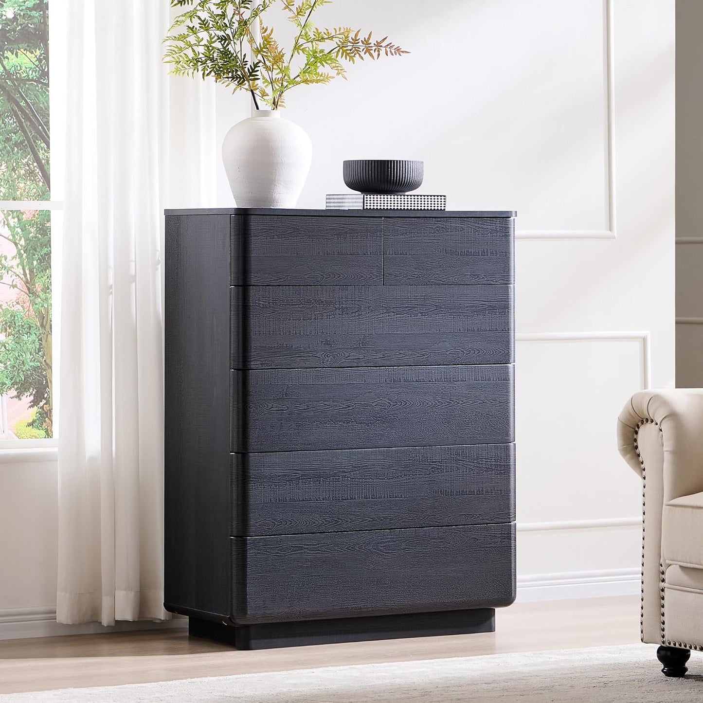 6 Drawer Dresser for Bedroom, 42 Inch Tall Modern Chest of Drawers, Push-to-Open Wood Storgae Organizer with Large Drawers for Bedroom, Living Room, Hallway, Black