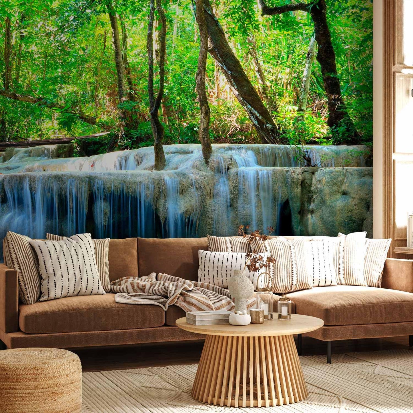 artgeist Wall Mural Peel and Stick Waterfall Landscape 212x98 in - XXL Self-Adhesive Corner Wallpaper Removable Large Sticker Foil Angle Wall Decor Print Nature Forest Tree Green c-B-10074-a-a