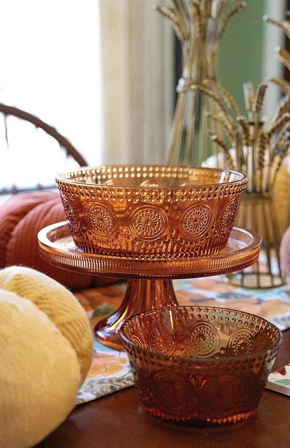 Boston International Vintage-Inspired Glass Serving Bowl with Embossed Floral Pattern for Salad Snacks Dinner, Large 7" x 2.75", Umber Codi