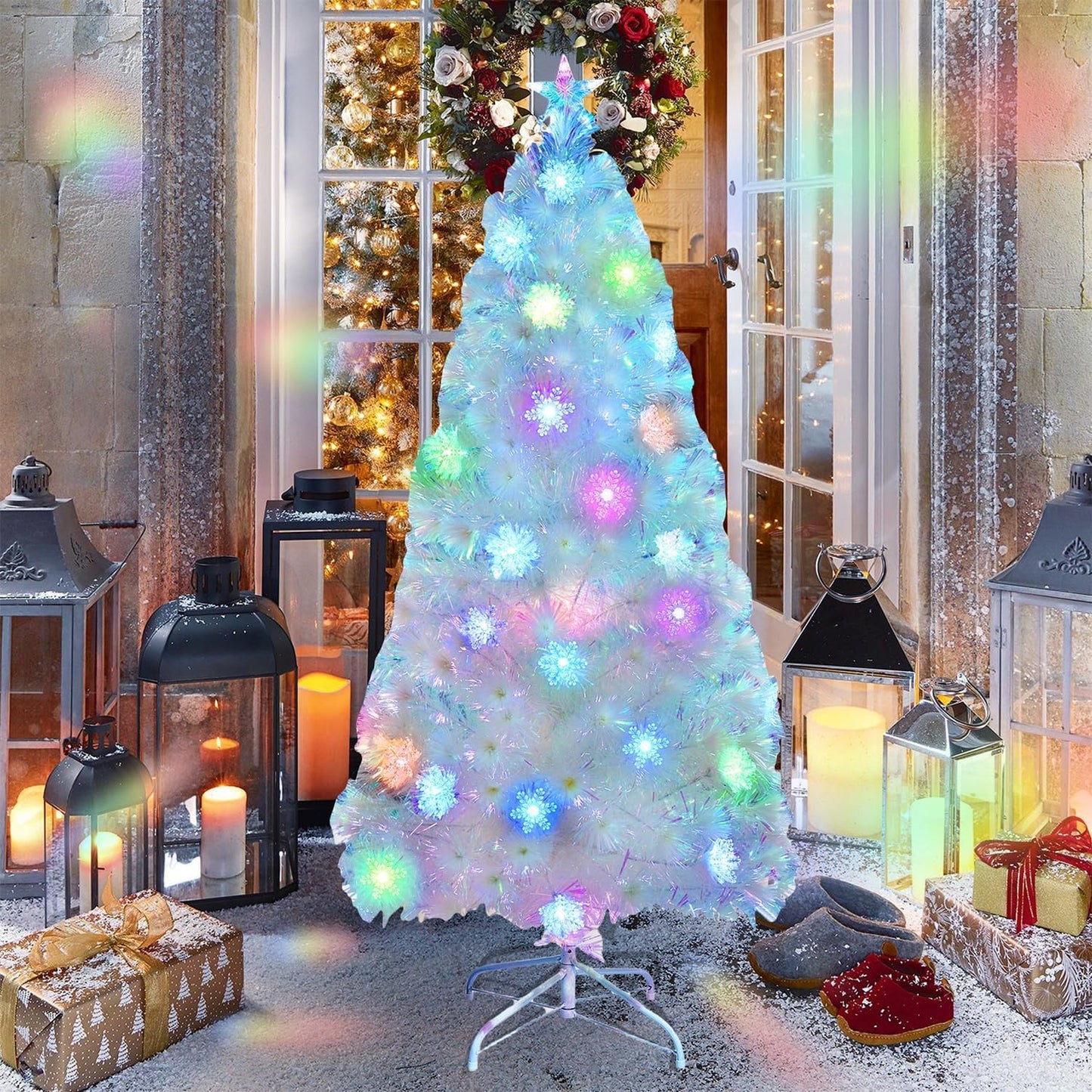 Juegoal 5ft Pre-Lit Artificial Christmas Tree, Lighted Optical Fiber Xmas Trees with Color Changing LED Lights, Snowflakes & Top Star, Party Home Holiday Fake Multicolored Tree with Metal Legs, White