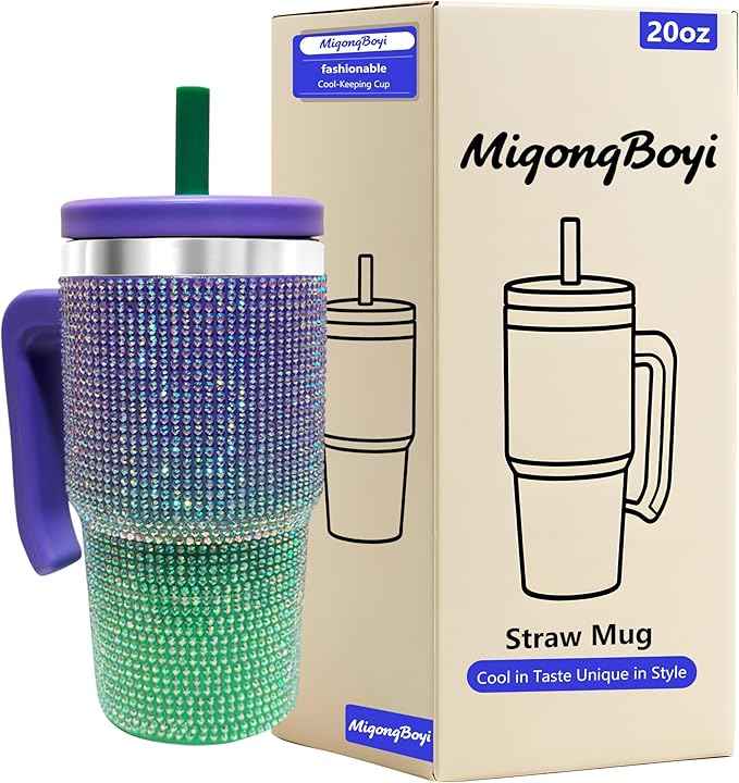 2PCS 20-OZ Insulated Water Bottle,Insulated Stainless Steel Tumbler,Reusable Cold Drink Thermos,BPA-Free, Double-Wall Stainless Steel Water Bottle (Purple Green Gradient-Diamonds, 20, Fluid Ounces)