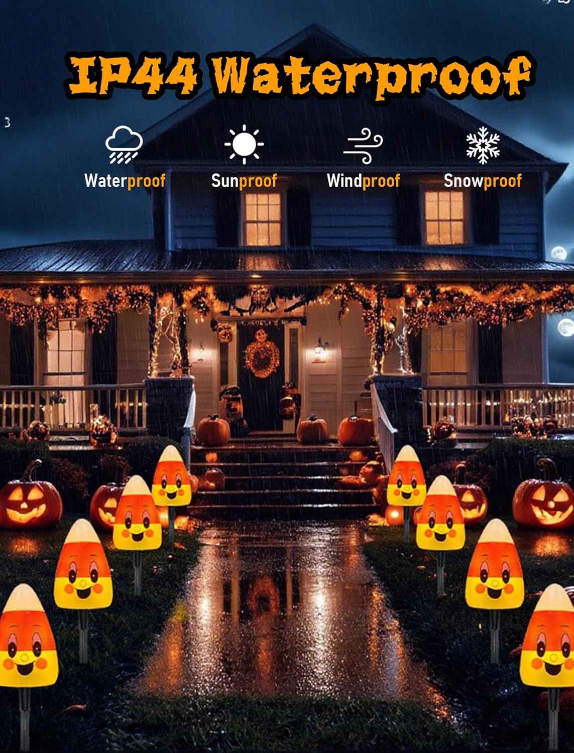 4 Pack Halloween Candy Corn Pathway Marker Lights with C7 Clear Bulbs, 7Ft Candy Night Light with 4 Stakes, Extendable Waterproof Pathway Decor for Yard Porch Lawn Pathway Garden