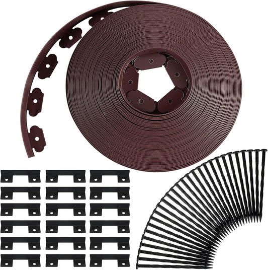 Queekay Landscape Edging Kit 148 ft with 70 Spikes 20 Connectors Plastic Border for Garden, Lawn, Yard, Pathway(Brown,2 Inch)