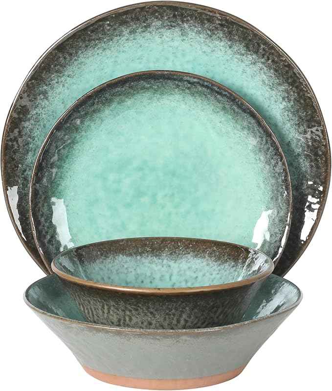 Gibson Elite Green Lantern Service for 4 (16 Piece) Double Bowl Dinnerware Set, Teal, Soft Gray, Dinnerware Set