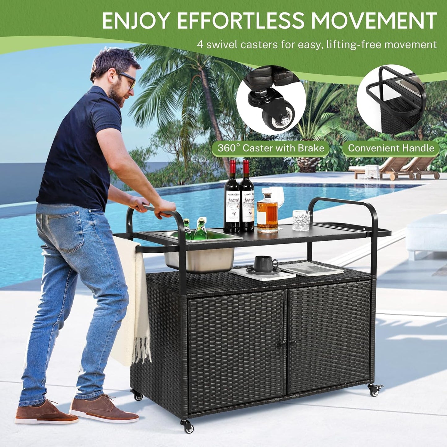 Wicker Outdoor Bar Cart with Ice Bucket, Patio Bar Table with 2 Ratten Doors Cabinet and Casters for Grill, Kitchen and Garden,Black