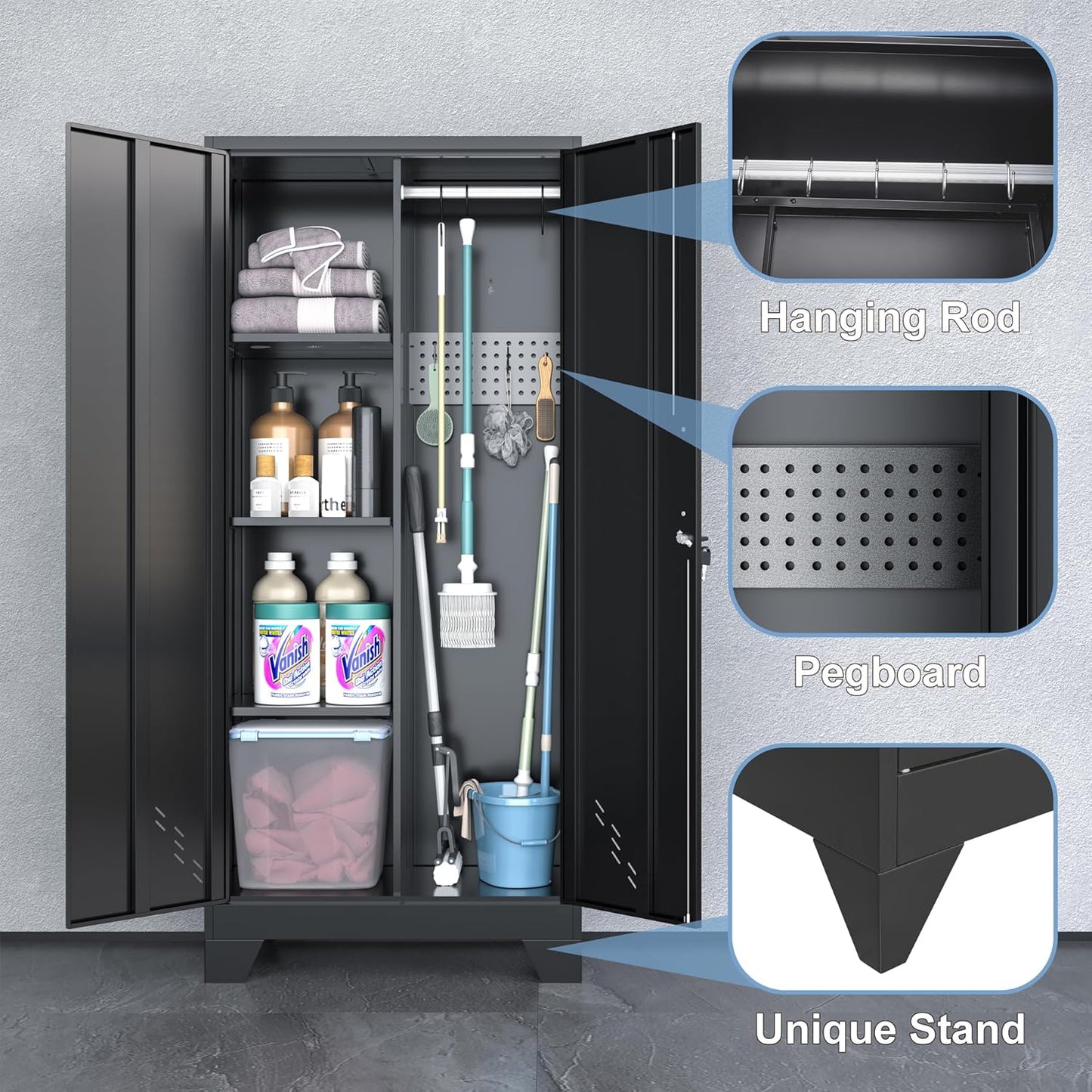 Metal Storage Cabinet with Locking Doors, 61" Tall Garage with Hanging Rod, Broom Closet, Freestanding Bathroom Storage Cabinet, Cleaning Tool,Black - Lumora Casa