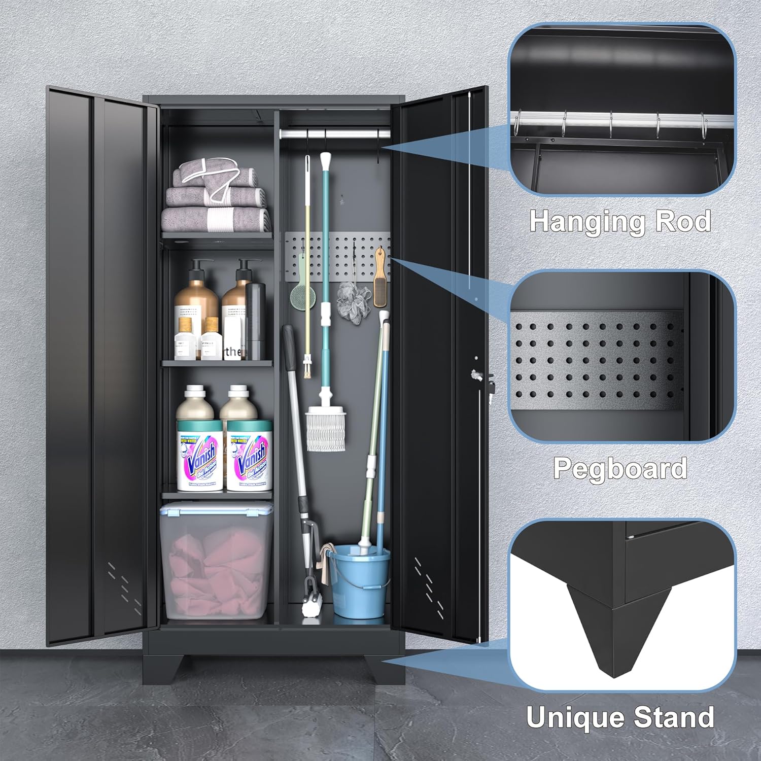 Metal Storage Cabinet with Locking Doors, 61" Tall Garage with Hanging Rod, Broom Closet, Freestanding Bathroom Storage Cabinet, Cleaning Tool,Black - Lumora Casa