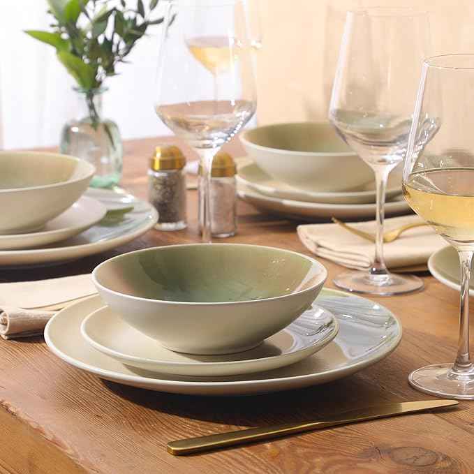 Gibson Elite Crescenton Plates and Bowls Sets, 12-Piece Green Stoneware Dinnerware Sets, Round Reactive Glaze Dish Set