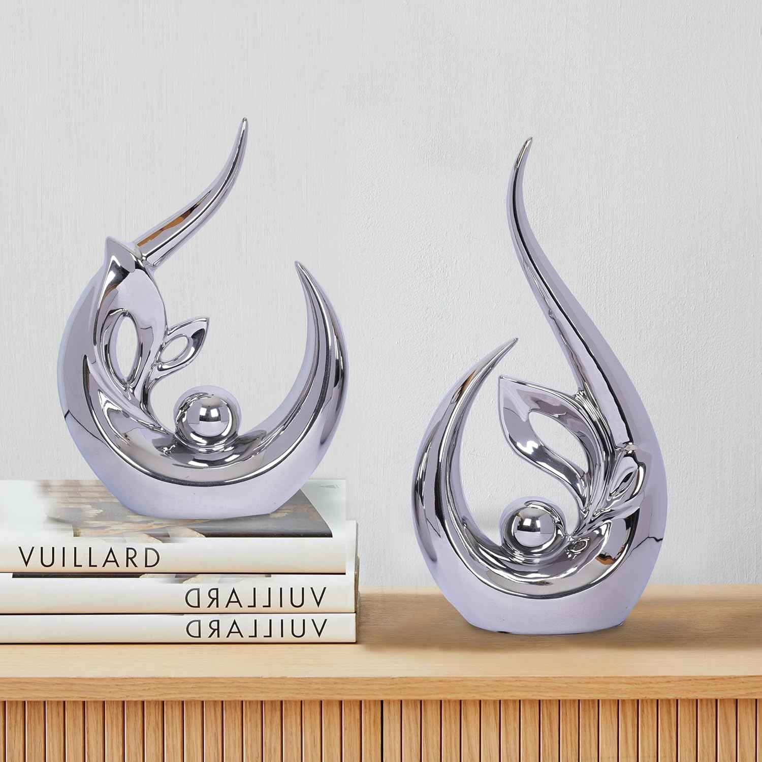 2 PCS Silver Decor Accent Ceramic Statue Abstract Sculptures Centerpieces Mid Century Modern Decor for Tables Coffee Table top Decorations for Living Room Desktop Shelf Dining Room Kitchen