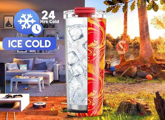 Meoky 24 oz Travel Coffee Mug with Leak-proof Lid, Stainless Steel Insulated Coffee Tumbler, Keeps Hot for 8 Hours or Cold for 24 Hours, Fits in Car Cup Holder (Lava Swirl)