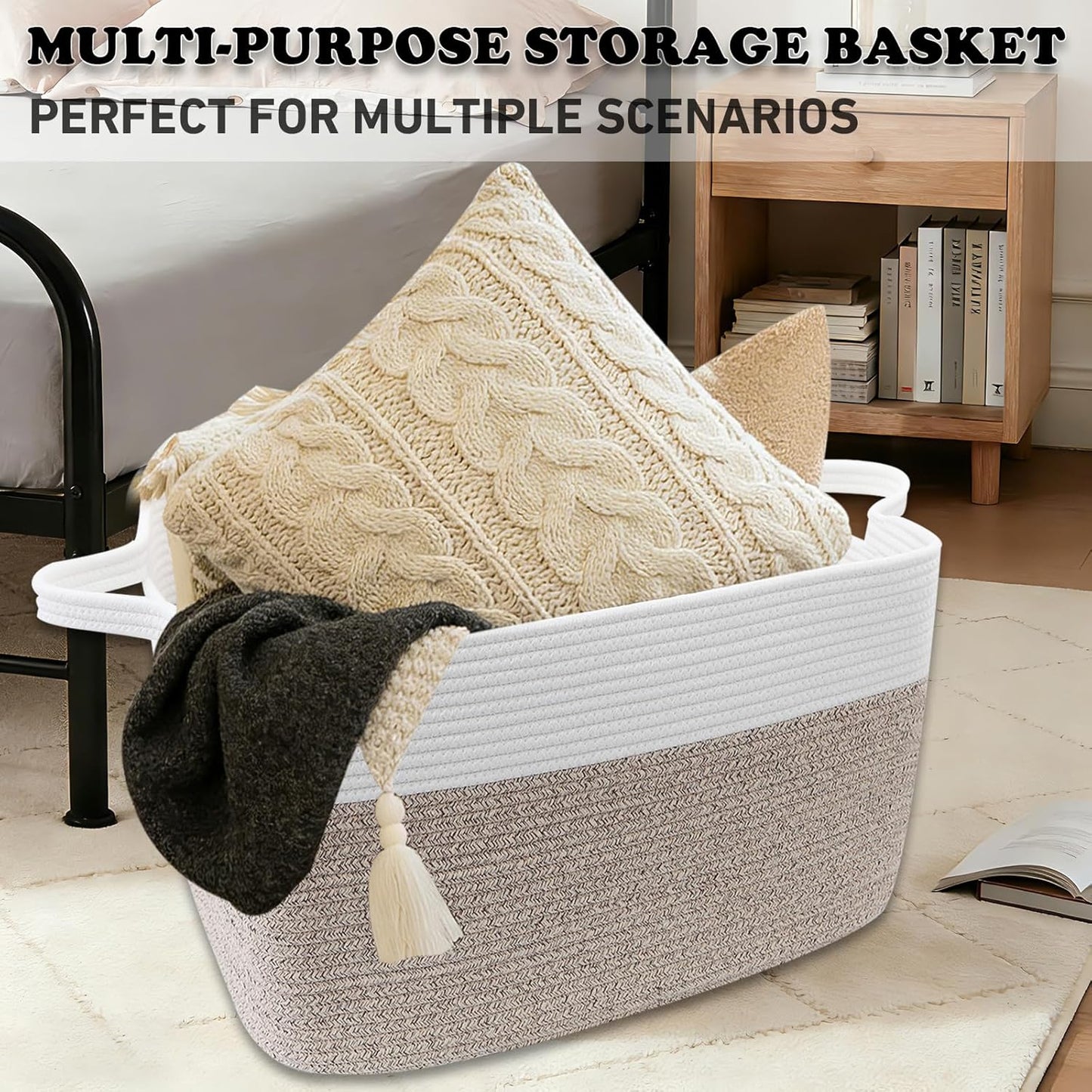 Large Blanket Basket,Woven Rope Basket Storage Bin with Handles,65L Rectangle Laundry Basket for Magazines,Toys,Clothes,Newspaper Shelf Organization,Nursery and Living Room,White & Brown