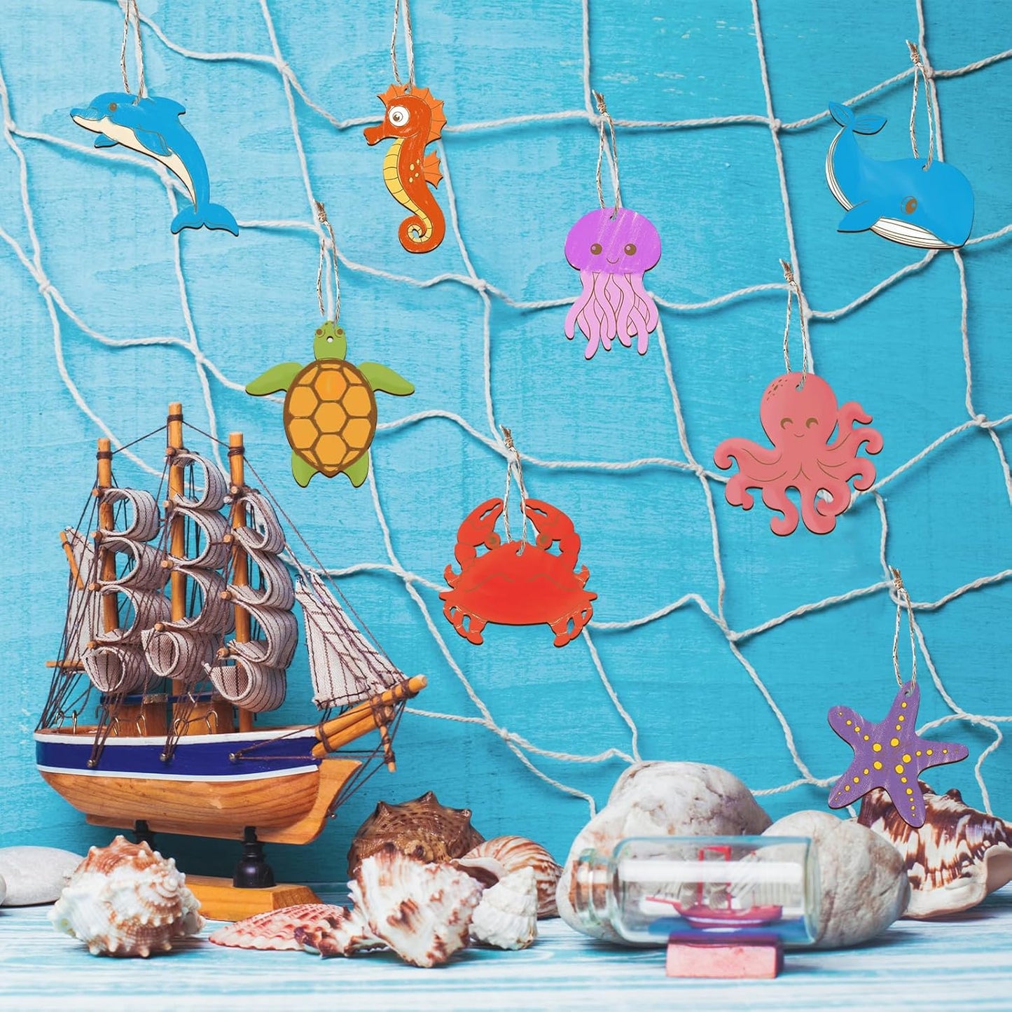 80PCS Wooden Sea Ornaments to Paint, 10 Styles DIY Blank Unfinished Wood Ocean Whale Seahorse Octopus Starfish Dolphin Turtle Shark Crab Cutouts Ornament for Crafts Hanging Decorations Summer