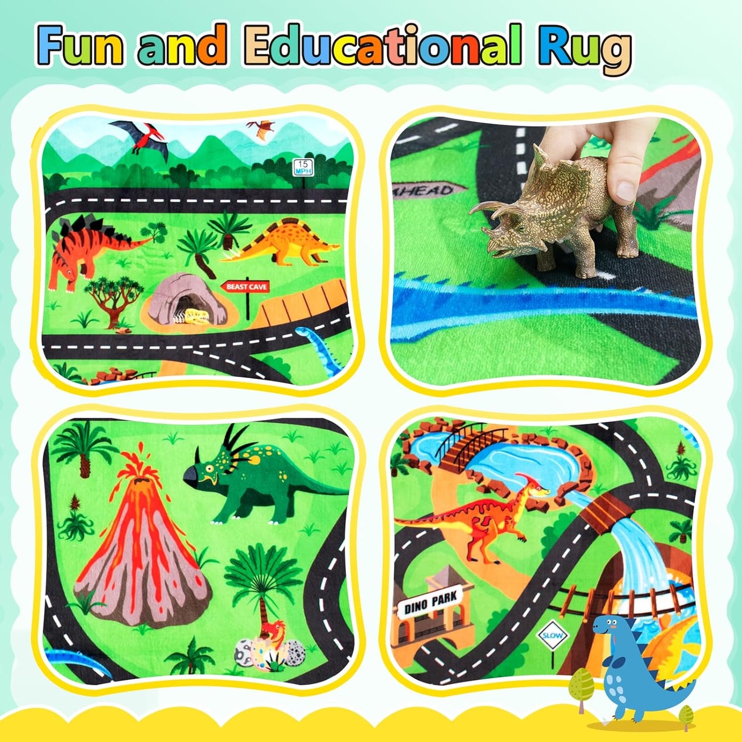 Kids Rug, Car Carpet for Kids' Toy Cars, 6x9 Ft Dinosaur Rug, Dino Safari Road Mat for Playroom, Educational Learning & Game Area Baby Play Mat Carpet for Children