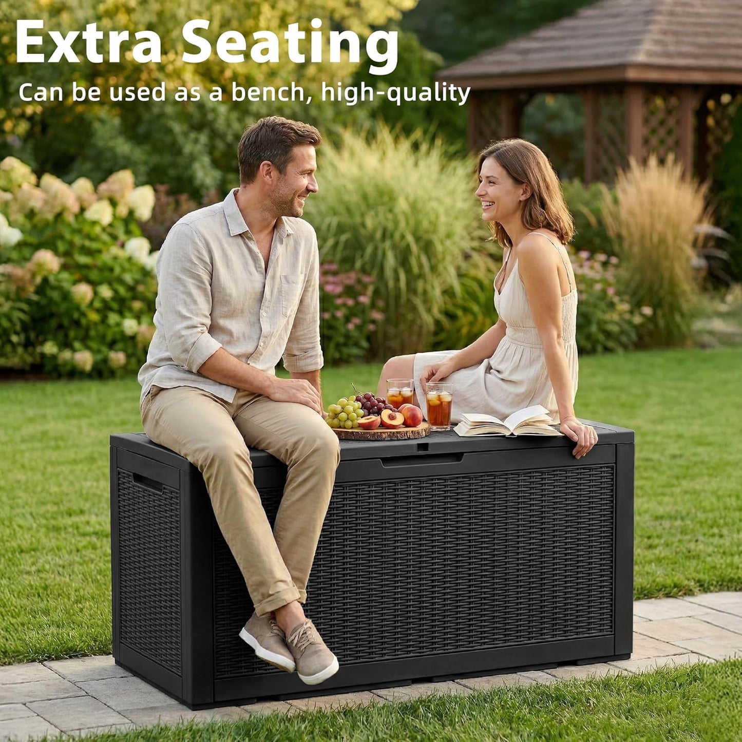 Waterproof Outdoor Storage Box, 125 Gallon Lockable Deck Box, UV-Resistant Outside Storage Bin with Hydraulic Lid for Patio Furniture, Cushion Organizer, Garden Tool, Pool Accessories, Black