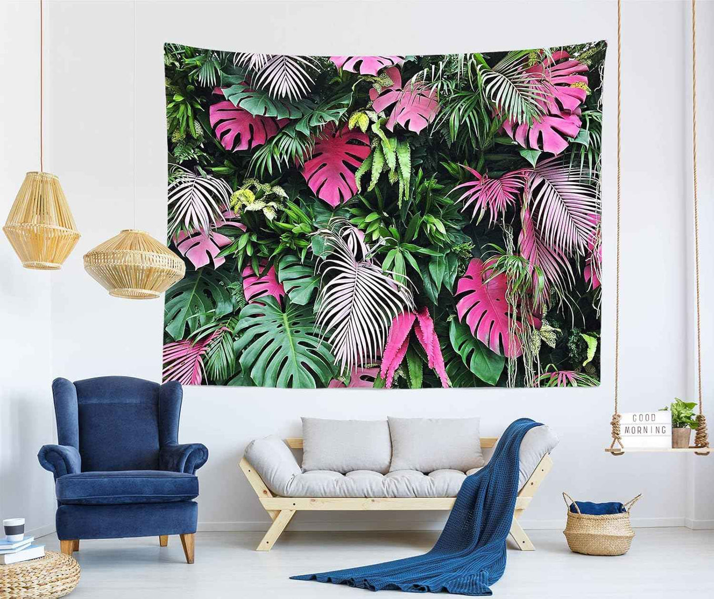 BELECO Tropical Leaves Tapestry Wall Hanging 80x60 Inch Pink and Green Leaves Tapestry Palm Tree Leaves Summer Tropical Leaf Wall Tapestry Jungle Plant Wall Tapestries for Bedroom Living Room Dorm