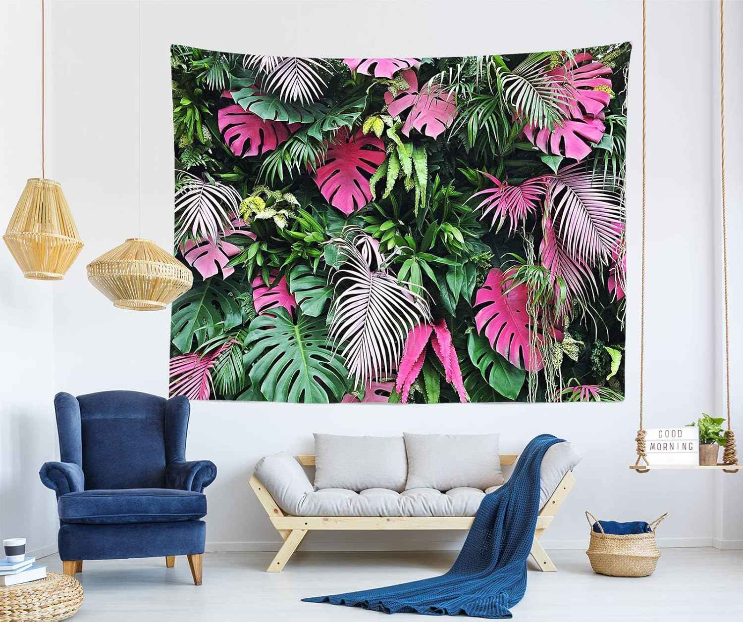 BELECO Tropical Leaves Tapestry Wall Hanging 80x60 Inch Pink and Green Leaves Tapestry Palm Tree Leaves Summer Tropical Leaf Wall Tapestry Jungle Plant Wall Tapestries for Bedroom Living Room Dorm