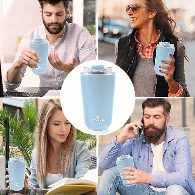 PHILORN Travel Coffee Mug 12 OZ Tumbler, Insulated Coffee Mug with Lid, Coffee Thermos for Hot & Cold Drinks, Leak Proof Coffee Tumbler with Double Wall (LIGHT BLUE)
