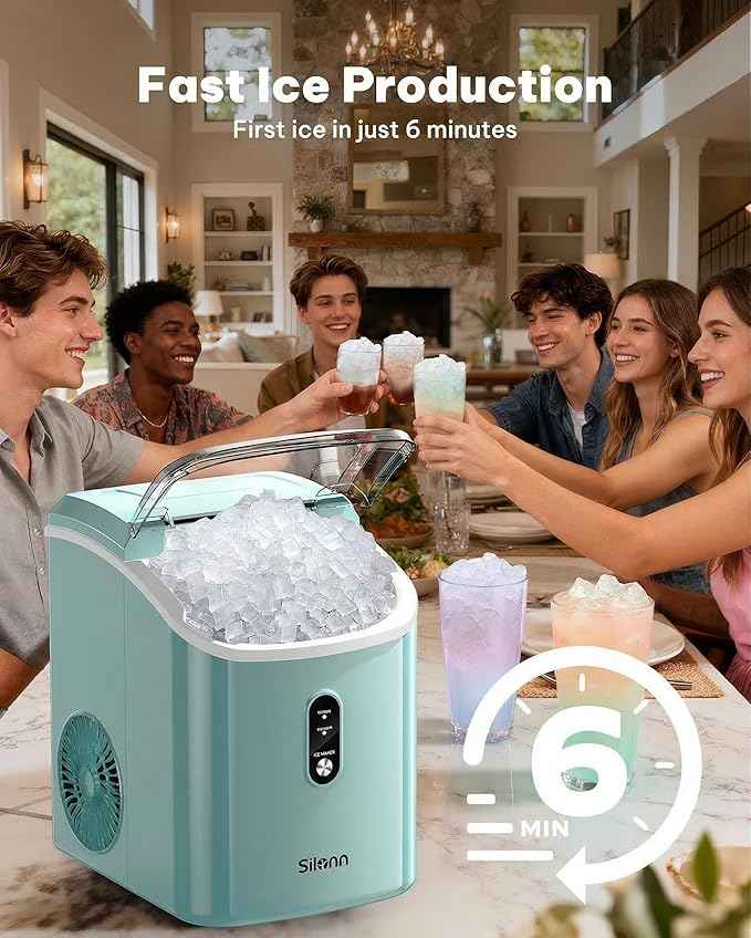 Silonn Nugget Ice Maker Countertop, Chewable Pellet Ice Machine with Self-Cleaning, Portable Pebble Ice Maker with Ice Scoop for Home, Kitchen & Office, Green