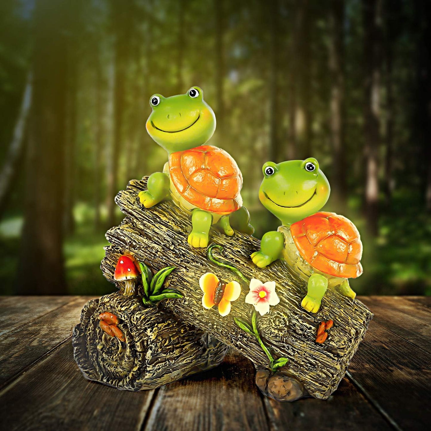 Garden Turtle Figurines Outdoor Decorations, Solar Powered Sweet Frog Face Turtles Resin Statue with 4 LED Lights, Garden Art Spring Fall Winter Christmas Decor for Patio Lawn Yard