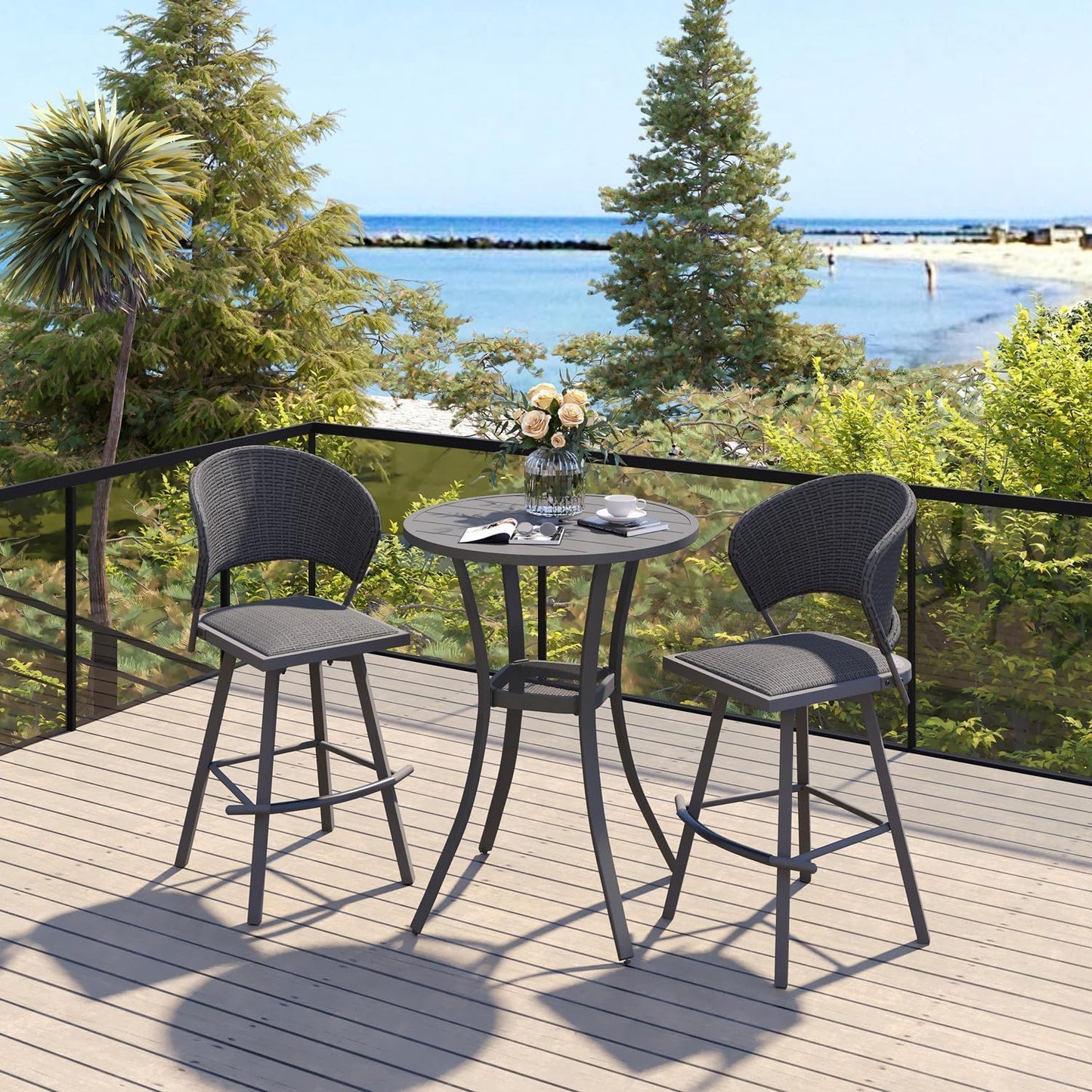 VICLLAX 28" Round Outdoor Bar Table with Adjustable Umbrella Hole, Counter Height Outdoor Furniture for Balcony, Grey Wood-Like