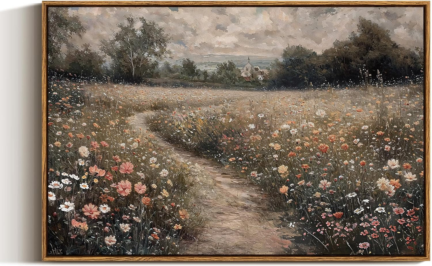 VIYYIEA Framed Canvas Wall Art Home Decor Vintage Large Landscape Country Wildflower Paintings Farmhouse Pictures Floral Artwork Rustic Flower Prints Cottagecore Living Room Bedroom Bathroom 20x30in