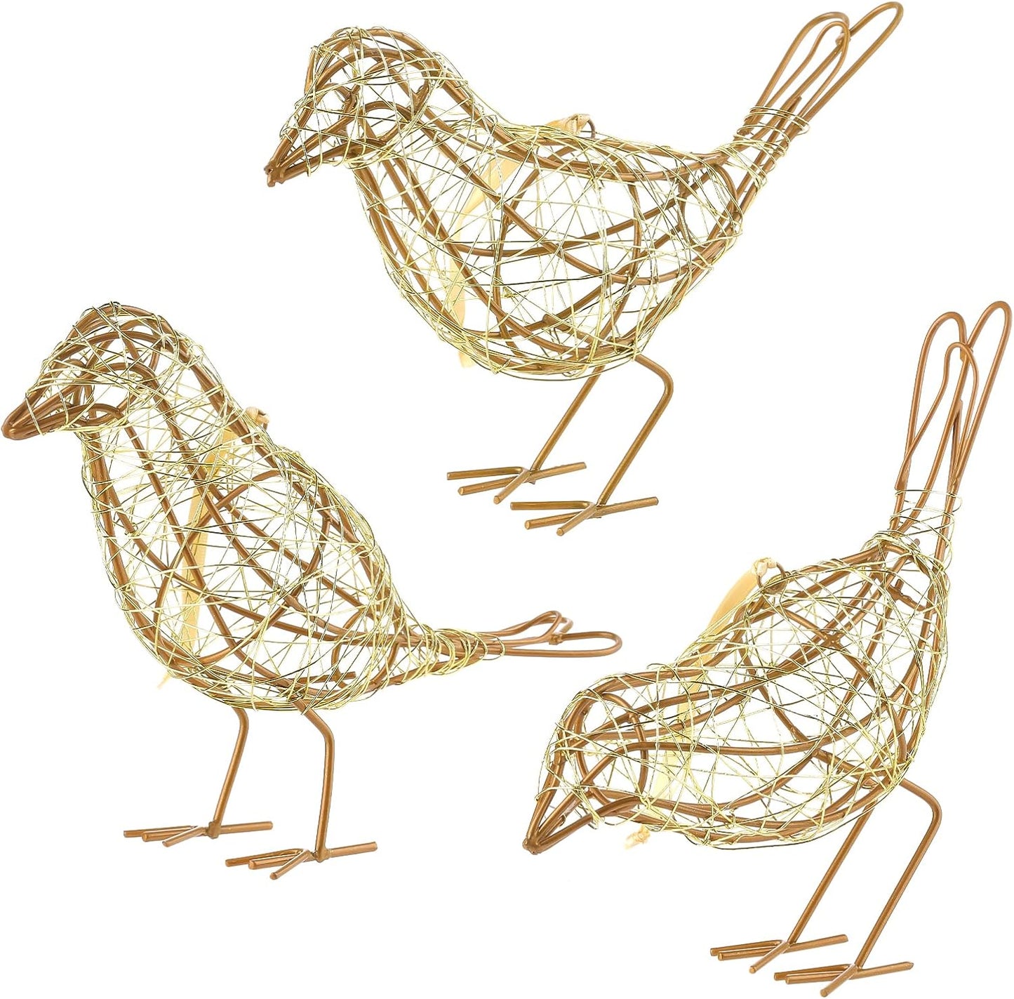 Artisan Handmade Gold-Wire Woven Bird Statues Trio Table Decor- Modern Farmhouse Shelf Decor with Hanging Chain, Multi-Pose Metal Bird Figurines for Home Office & Holiday Display