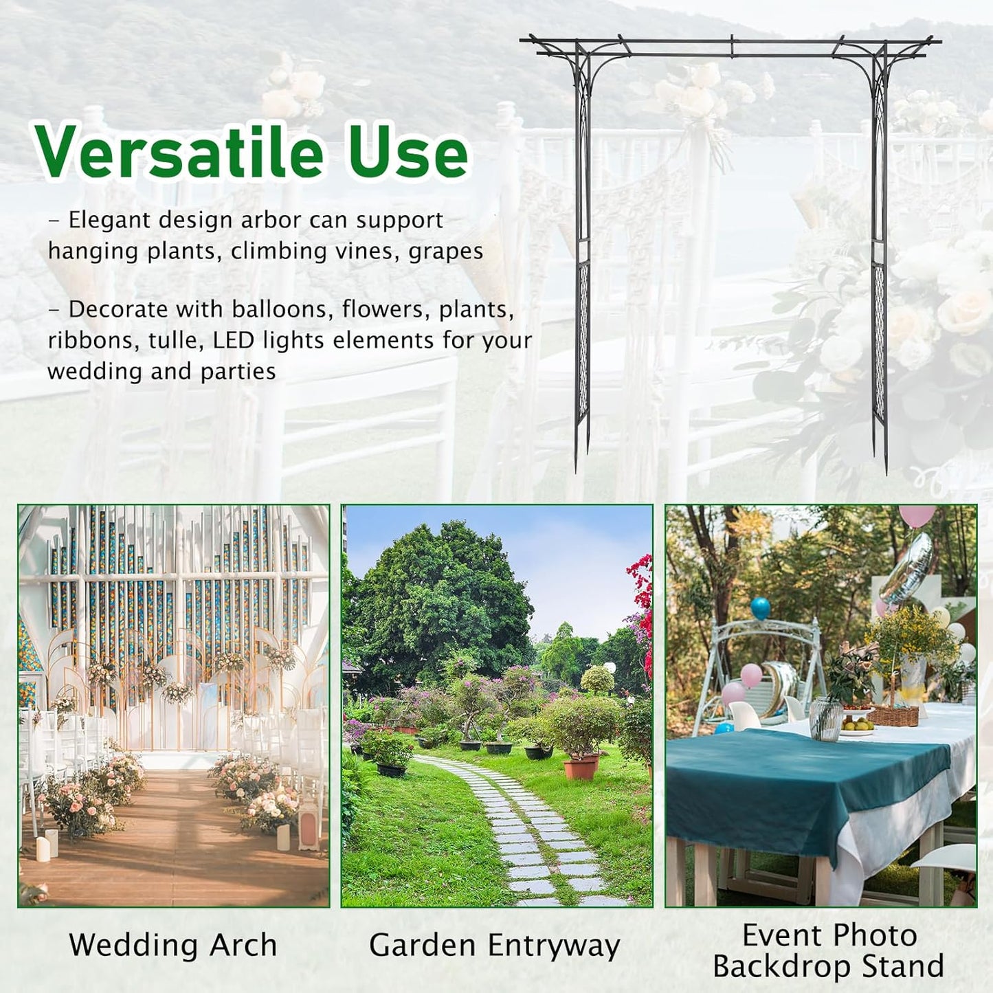 VINGLI Garden Arbor, Arch for Wedding Ceremony Party, Christmas Garden Decor Steel Garden Trellis for Plant Climbing, Pergola for Garden, Backyard, Lawn (Flat Top)