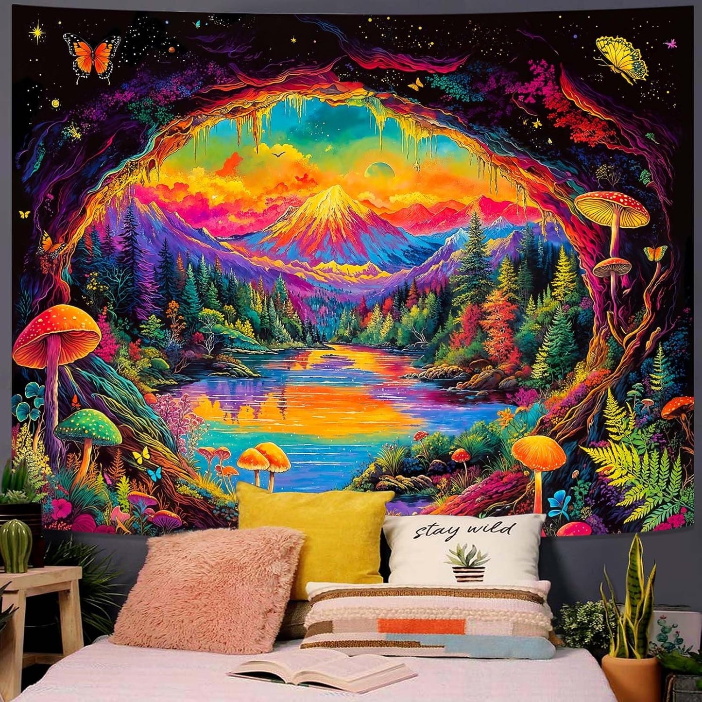 Haibimen Blacklight Landscape Tapestry Wall Hanging Forest Mushroom Aesthetic Tapestries for Bedroom Nature Mountain Lake Wall Art for Living Room, Dorm Decor (lake, 80''×60'')