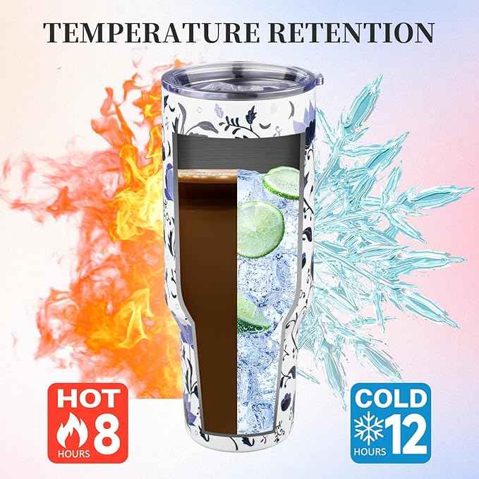 40 oz Tumbler with Lids and Straws Double Wall Insulated Tumbler Cup,Stainless Steel Vacuum Tumbler Powder Coated Travel coffee Mug for Cold and Hot Drinks,Blue and White Porcelain