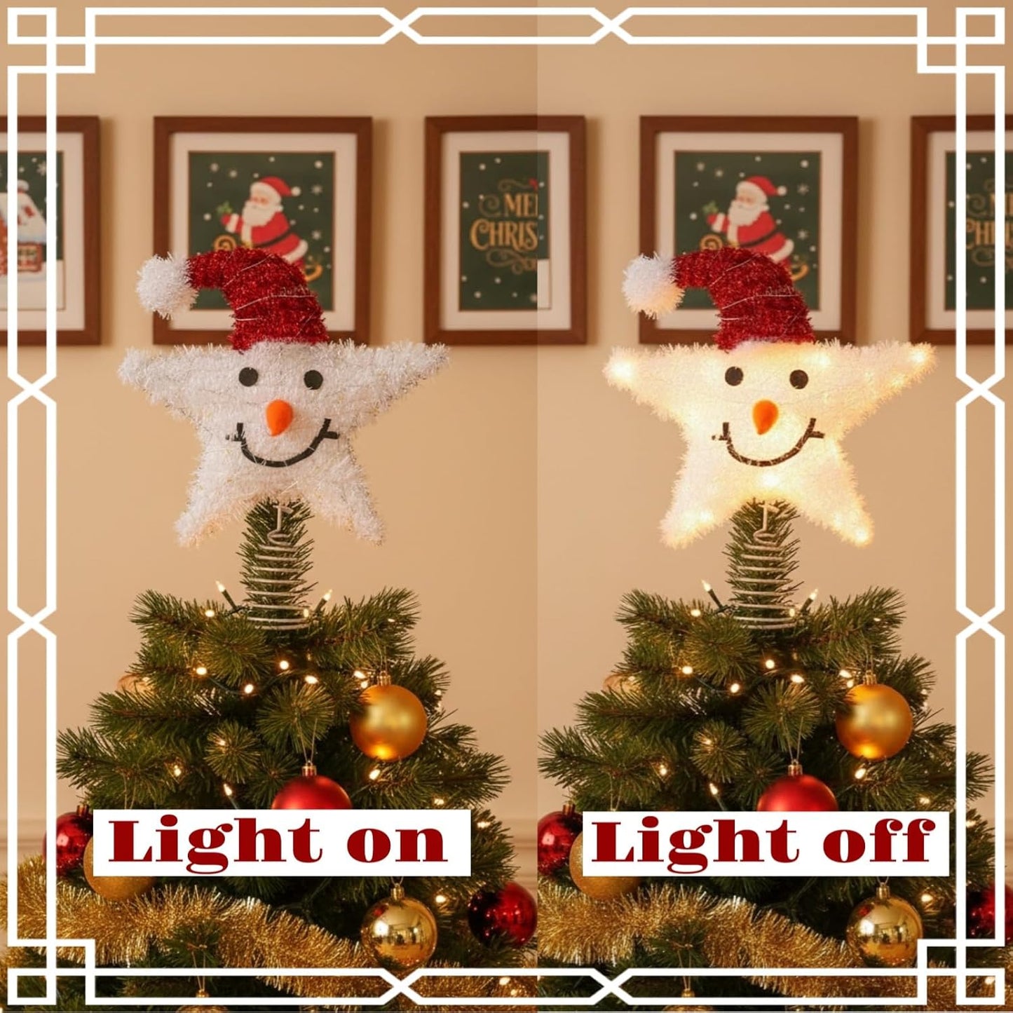 Christmas Tree Topper Snowman Star: Lighted Sparkling Snowman Xmas Tree Top with Led Lights Decoration for Holiday Parties Seasonal Celebrations (Without Battery)