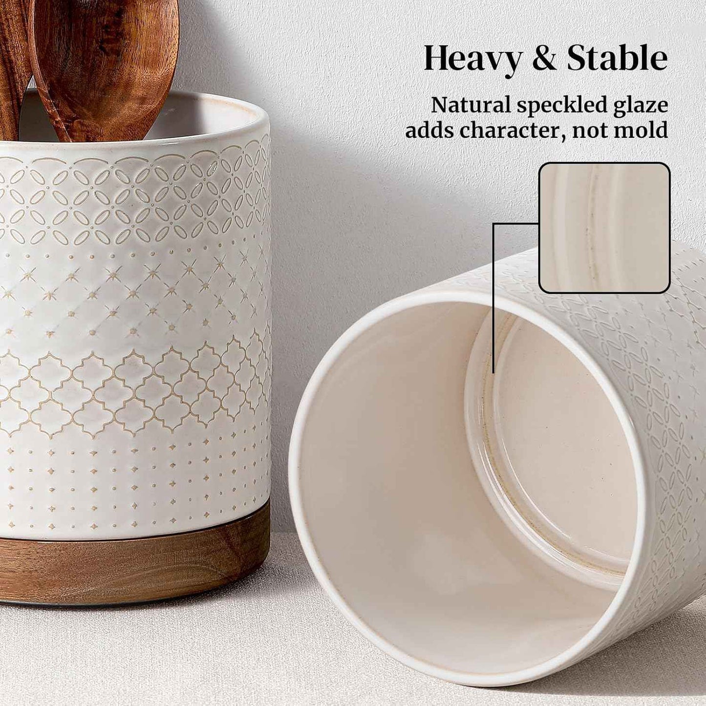 DOWAN 360° Rotating Extra Large Cooking Utensil Holder, 7.6" Kitchen Utensil Holder for Countertop, Utensil Crock for Farmhouse Kitchen Decor, Ceramic Stable Utensil Caddy, White Embossed