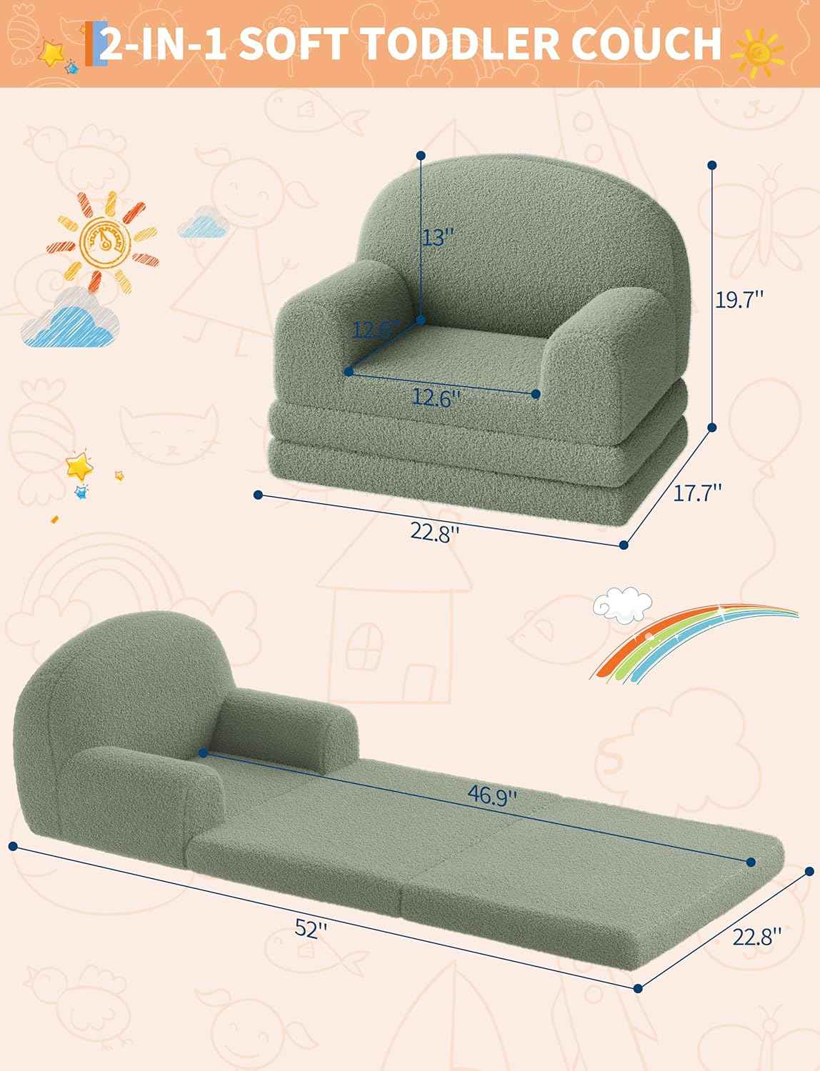 GarveeHome Kids Couch, 2-in-1 Comfy Toddler Couch Fold Out, Convertible Sofa to Lounger Foam Kids Chair with Soft Sherpa, Gift for Girls and Boys (Green Moon)