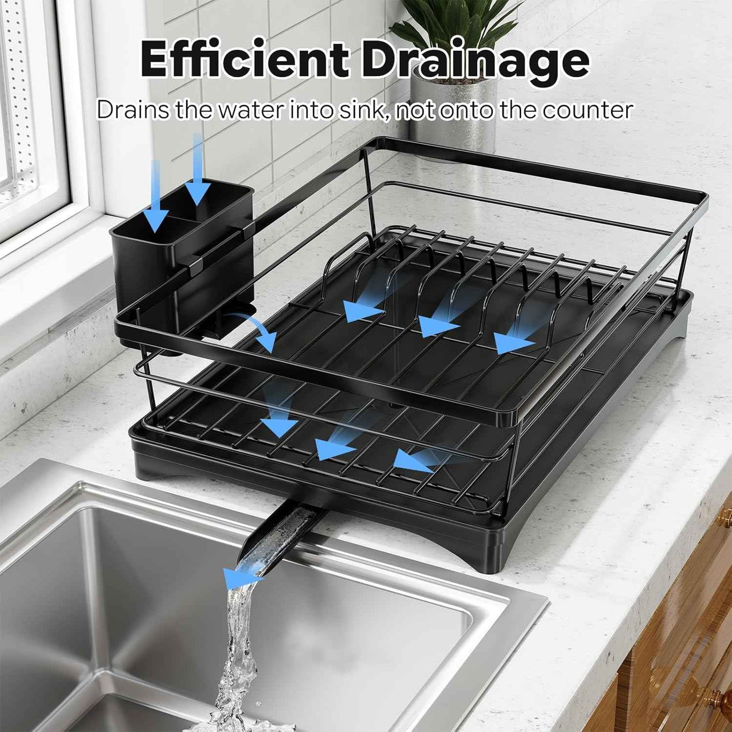 Simple Trending Dish Drying Rack, Stainless Steel Dish Rack for Kitchen Counter, Space-Saving Dish Drainer with Utensil Holder and Drainboard, 12''W x 17''L, Black