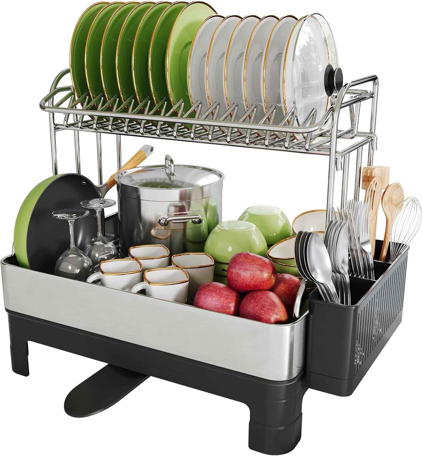 BOOSINY Extra Large Two Tier Stainless Steel Dish Drainer Drying Rack with Drainboard for Kitchen Counter, Modern Black and Silver, Rust Proof Metal, Space Saving Countertop Big Plate Dryer and Tray