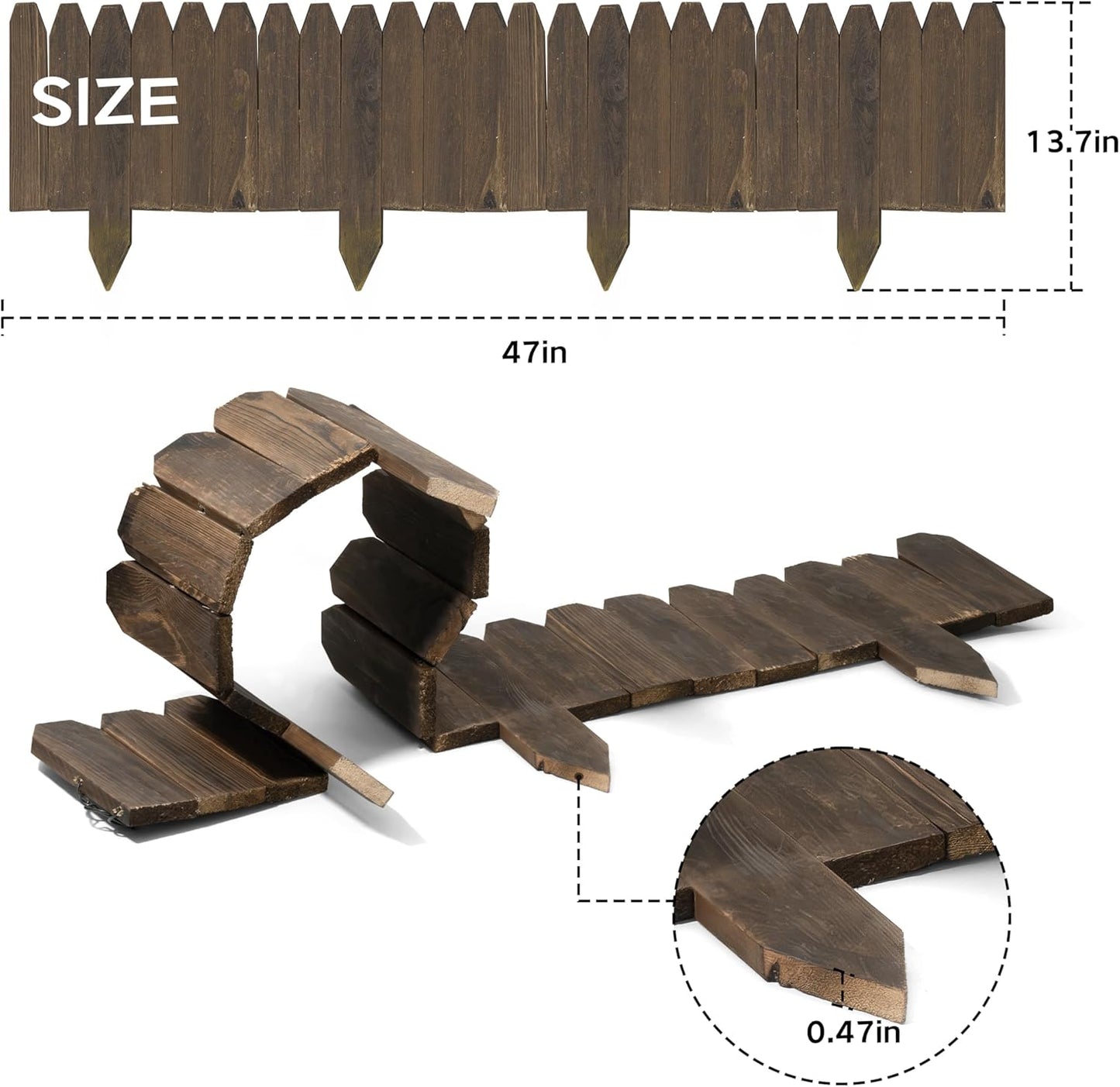 Wood Fence Border for Garden Beds – 9.8" H x 47" L Wooden Landscape Edging Panels, Rustic Decorative Outdoor Divider for Lawn, Path, and Yard Design (3-Pack, Covers 11.75 Ft)
