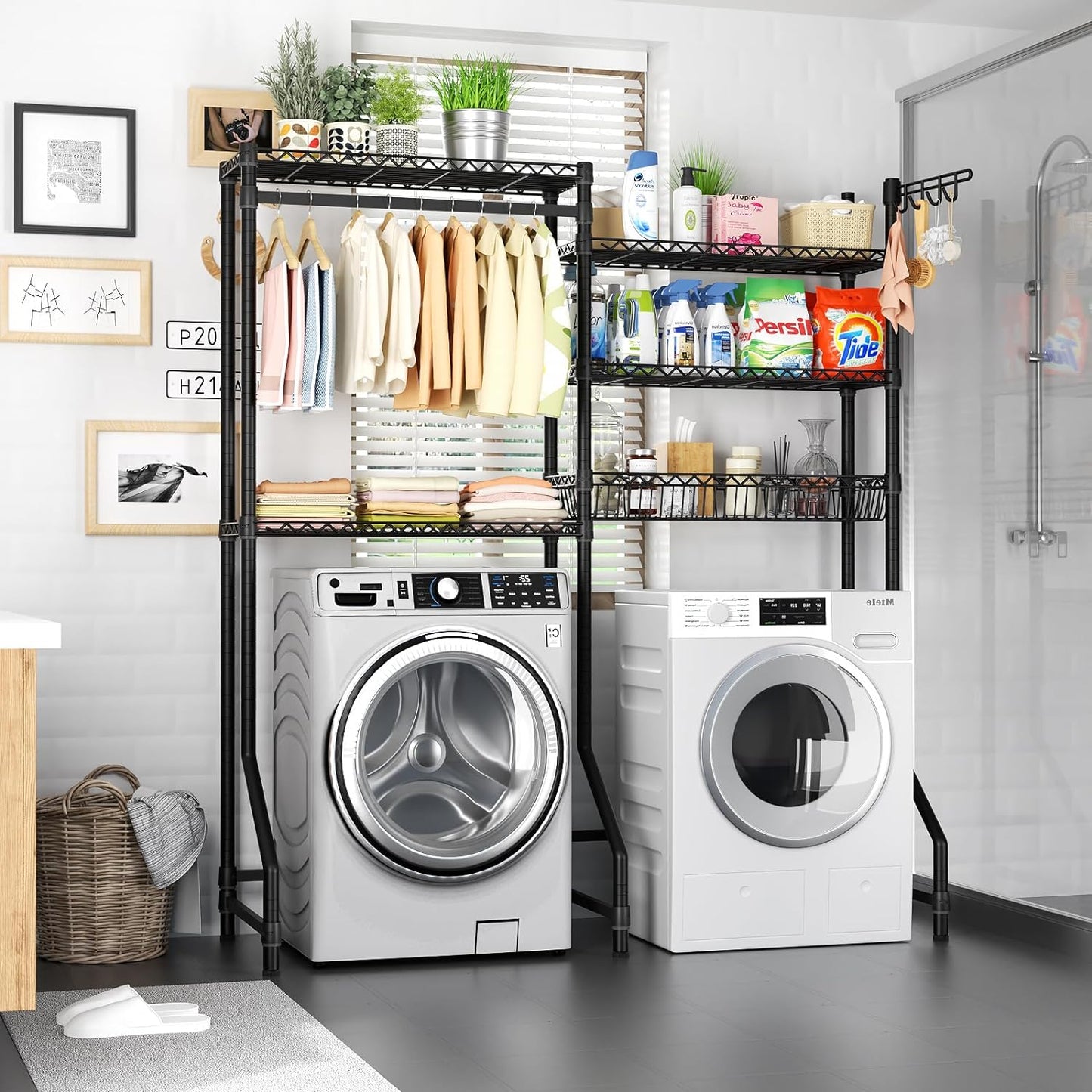 Over Washer and Dryer Shelves,Heavy Duty Laundry Room Storage Organization Clothes Drying Rack,5 Tier Adjustable Height Wire Shelving and Wire Basket with Hanger Rod&Hook,Space Saving Shelf