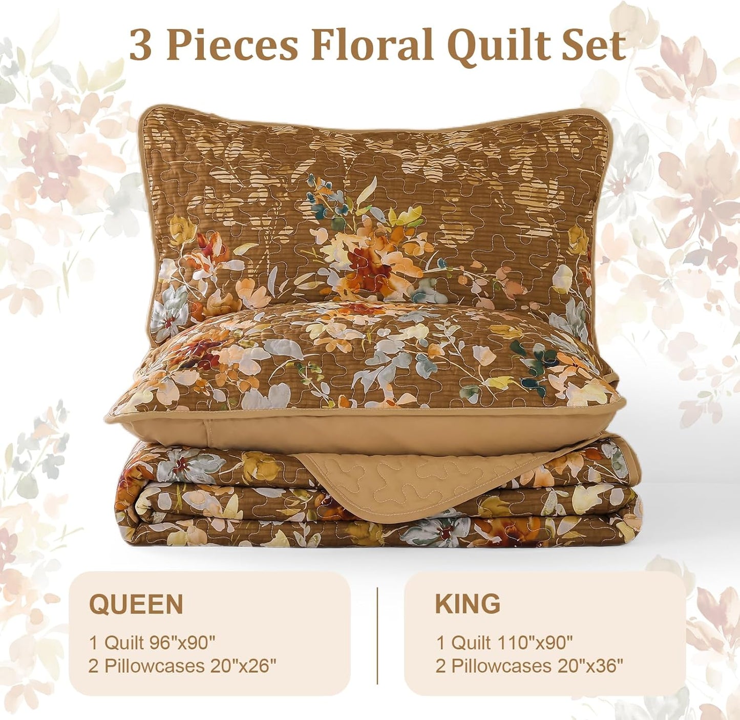 Dobuyly Brown Quilt Set Queen Size, Floral Bedspreads Coverlet Set, 3 Pieces Soft Lightweight Microfiber Farmhouse Botanical Quilt Bedding Set for All Seasons 96"x90"