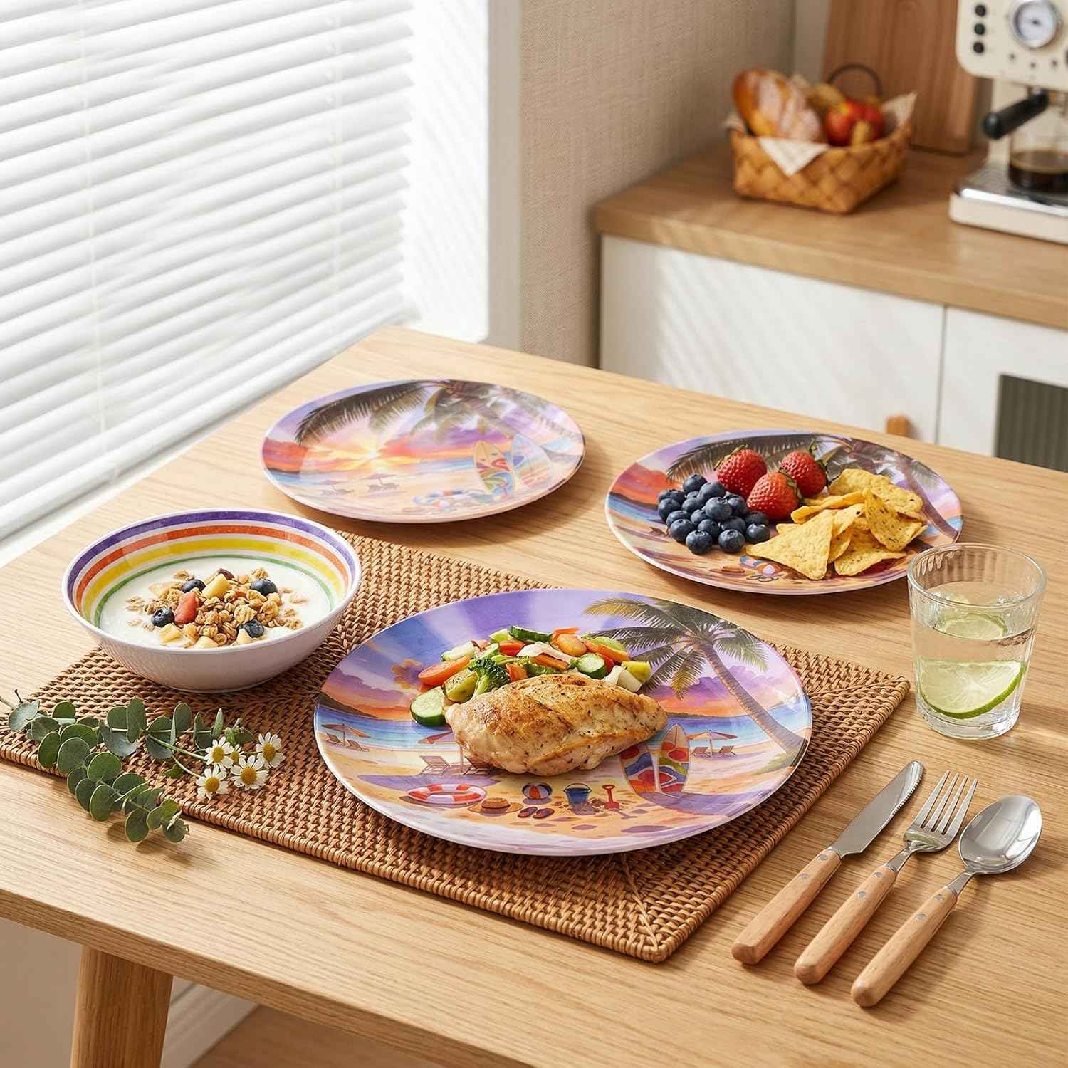 12 Piece Melamine Plates and Bowls Set - Beach Sunset Melamine Dinnerware Set for 4，Unbreakable Dishes Set，Stackable Lightweight Plates & Bowls for Indoor & Outdoor Use，Tropical Sunset