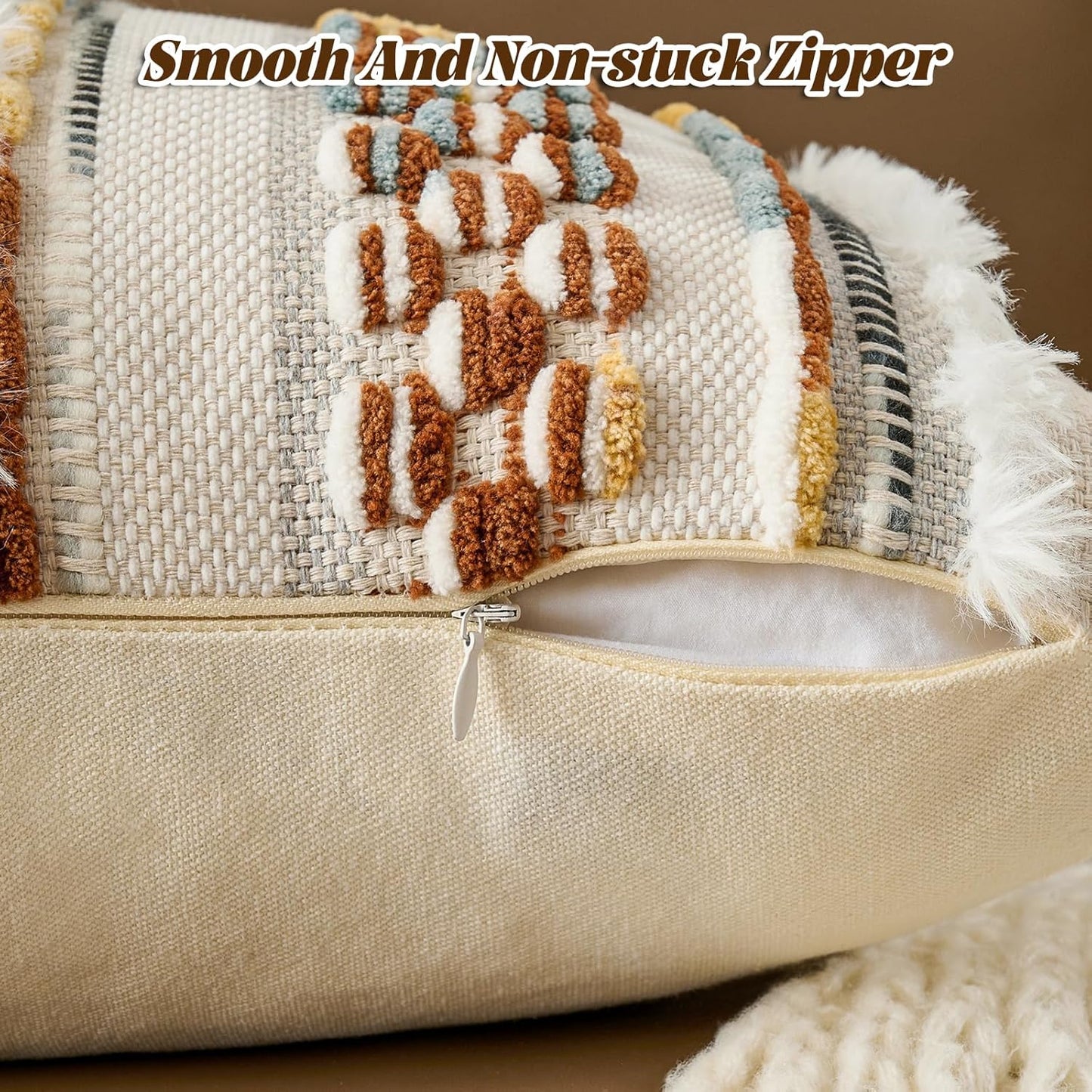 AmHoo Set of 2 Chenille Striped Tufted Textured Boho Throw Pillow Covers Aesthetic with Tassels Woven Decorative Pillow Case for Couch Bed Sofa Bedroom Modern Funky 18 x 18-Inch Brown White